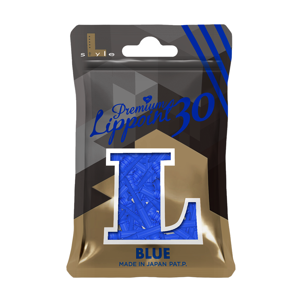 Auf dem Bild ist eine Packung mit 30 blauen Softdartspitzen der Marke "L-Style Premium Lippoints" zu sehen. Die Verpackung ist überwiegend schwarz und gold, mit einem großen blauen "L" und der Aufschrift "BLUE" darauf.