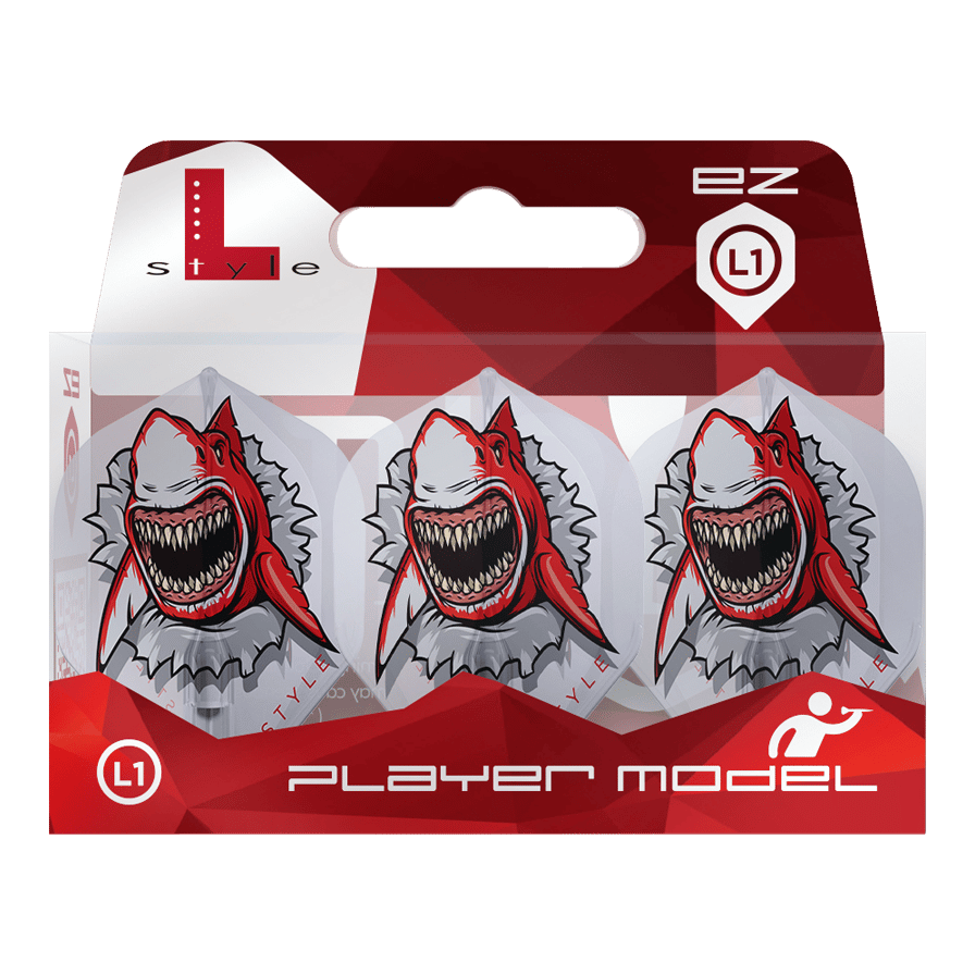 L-Style Florian Hempel Clear White Signature Champagne L1EZ Flights Das Bild zeigt eine Packung „L-Style Florian Hempel Clear White Signature Champagne L1EZ Flights“. Auf den Flights ist ein aggressiver Hai mit offenem Maul und roten Akzenten abgebildet.
