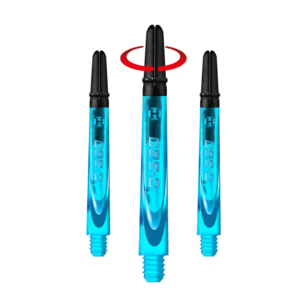 HR445_Harrows_Carbon_360_Shafts_Aqua_49mm_1-_Symbol Das Bild zeigt drei blaue Dartschaft-Teile mit schwarzer Spitze. In der Mitte befindet sich ein roter Pfeil, der eine Drehbewegung anzeigt.
