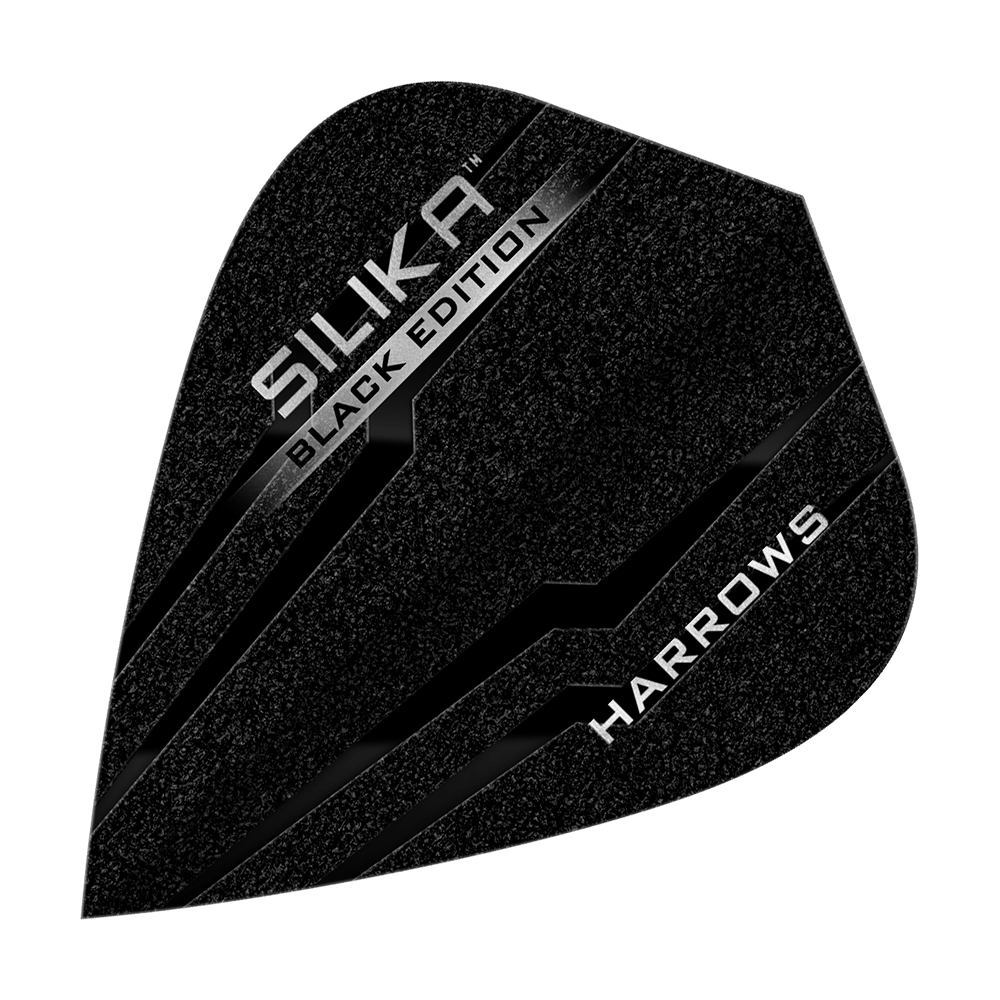 Harrows Silika Black-Edition Kite Flights Das Bild zeigt ein Harrows Silika Black-Edition Kite Flight in schwarzem Design. Auf der Oberfläche stehen die Wörter "Silika Black Edition" und "Harrows" in silberner Schrift.