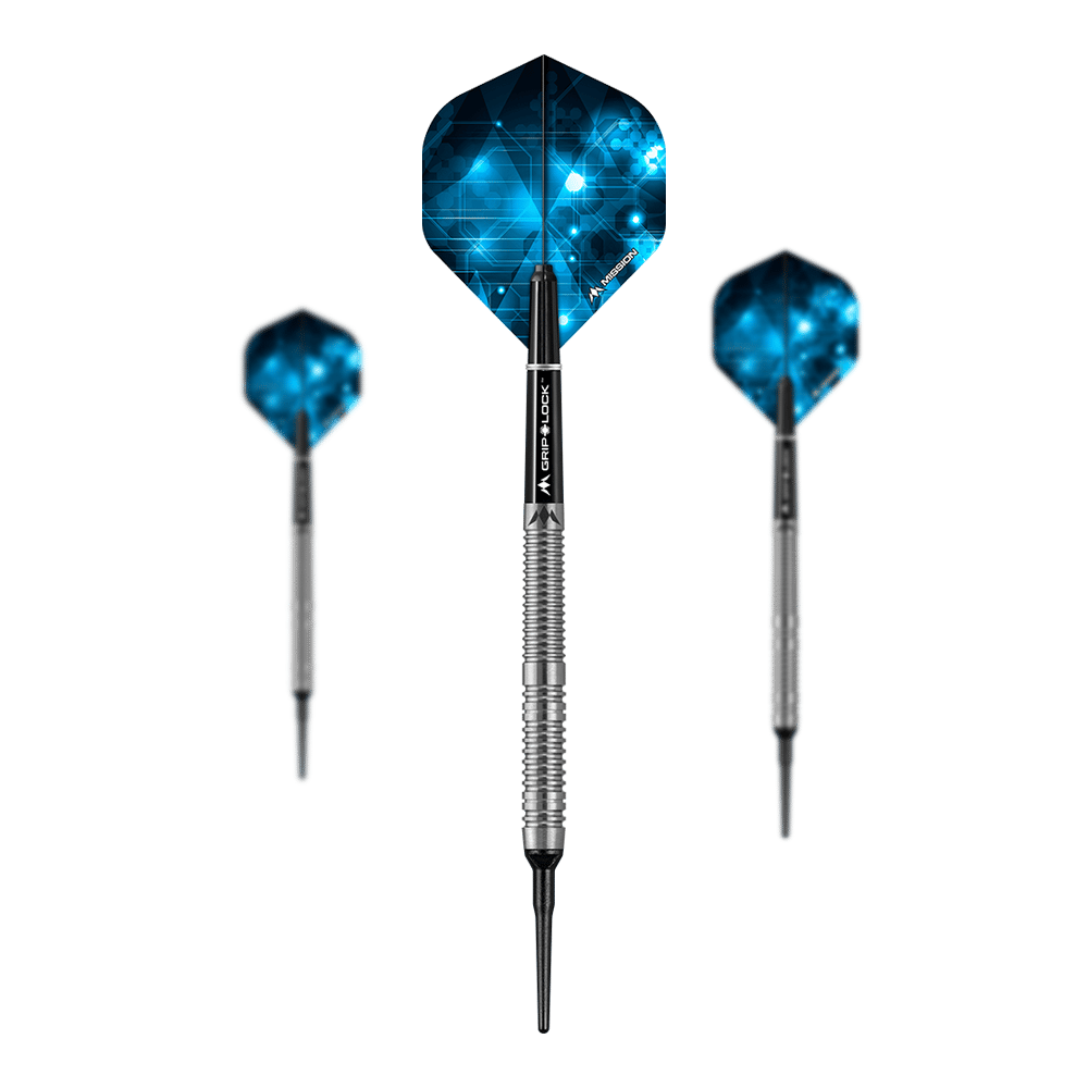 Das Bild zeigt drei Softdarts des Modells "Mission Octane Model 1" mit einem Gewicht von 20g. Die Flights haben ein blaues, grafisches Muster und die Schäfte sind silberfarben.