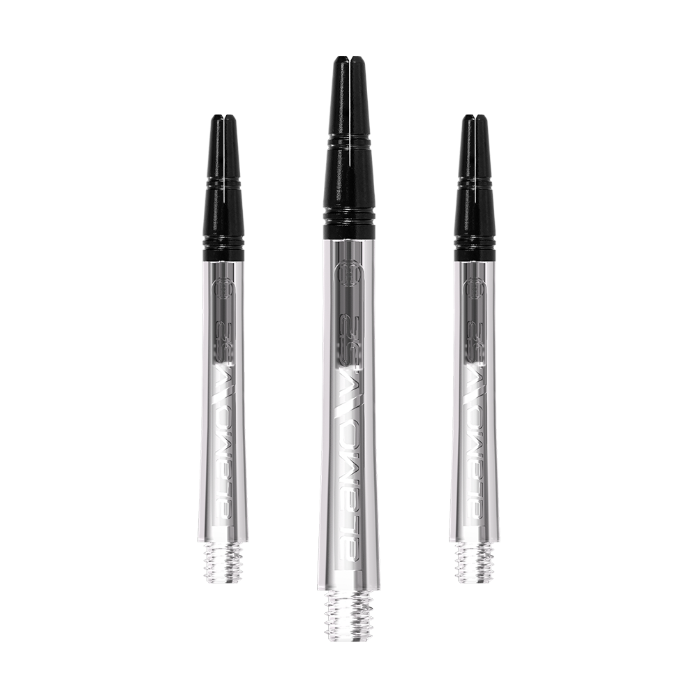 Harrows Alamo VS2 Shafts - Clear Das Bild zeigt drei durchsichtige Dart-Schäfte mit schwarzen Spitzen. Sie sind gerade nebeneinander angeordnet und haben aufgedruckte Schriftzüge.