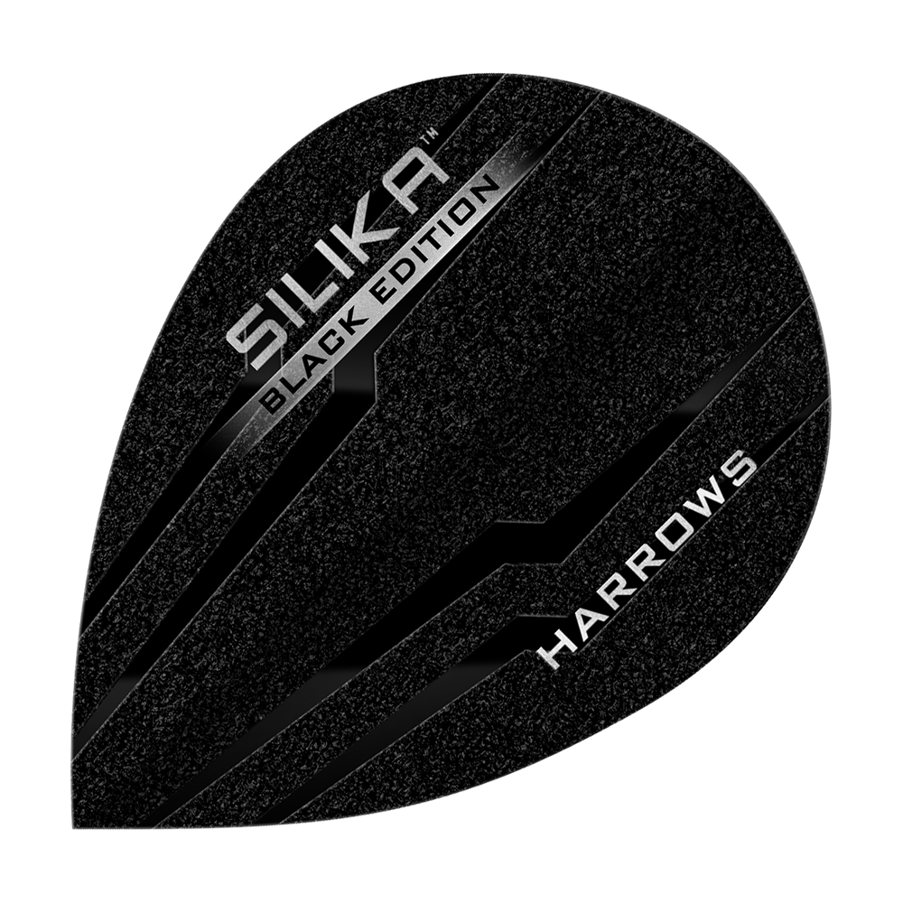 Harrows Silika Black-Edition Pear Flights Dieses Bild zeigt das Produkt "Harrows Silika Black-Edition Pear Flights". Die Flights sind schwarz mit silbernen Akzenten und dem Text "SILIKA BLACK EDITION" sowie "HARROWS" darauf.