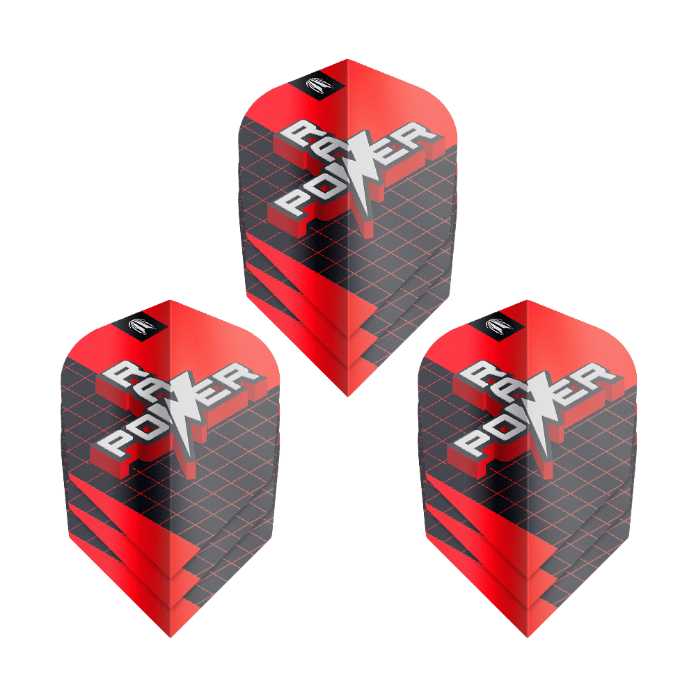 Target Pro Ultra Phil Taylor Power 9Five GEN11 No6 Flights - 3 Sets Das Bild zeigt drei Sätze von Target Pro Ultra Phil Taylor Power 9Five GEN11 No6 Flights. Die Flights sind in Rot und Schwarz gestaltet und tragen den Schriftzug „RAY POWER“.