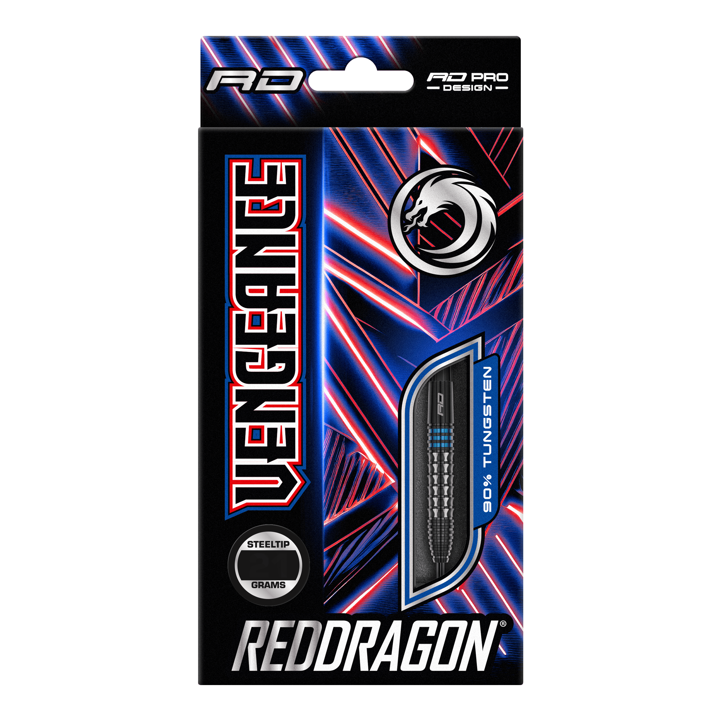 Red Dragon Vengeance Blue Steeldarts Auf dem Bild ist die Verpackung der "Red Dragon Vengeance Blue Steeldarts" zu sehen. Die Schachtel ist schwarz mit blauen und roten Akzenten und zeigt einen Dartpfeil mit dem Hinweis auf 90% Tungsten.