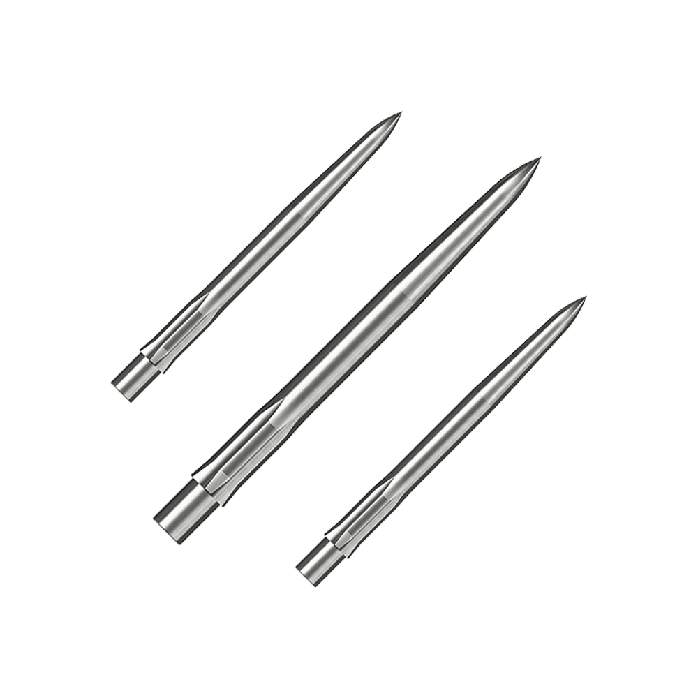 Caliburn System Steeldartspitzen - Smooth - Silber Das Bild zeigt drei silberne, glatte Steeldartspitzen. Sie liegen parallel nebeneinander auf weißem Hintergrund.