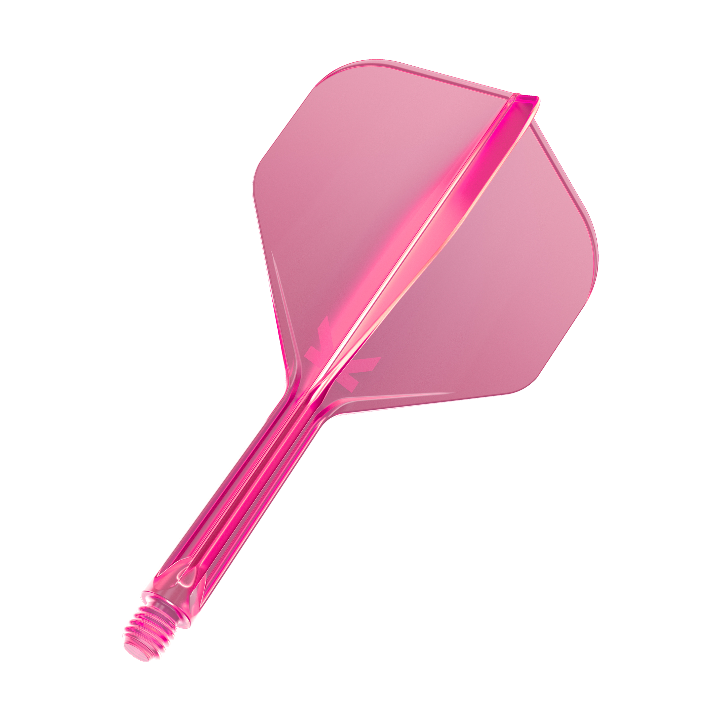 Das Bild zeigt eine neonpinke Dartflügel- und Schaftkombination. Der Schaft hat ein Schraubgewinde am Ende und die Flügel sind durchsichtig.