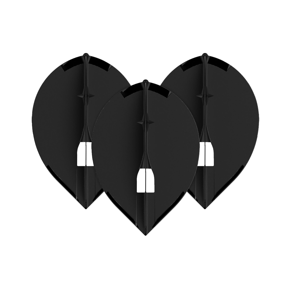 L-Style Champagne L2PRO Teardrop Flights - Schwarz Das Bild zeigt drei schwarze L-Style Champagne L2PRO Teardrop Flights. Sie sind in einer gleichmäßigen Anordnung nebeneinander platziert.