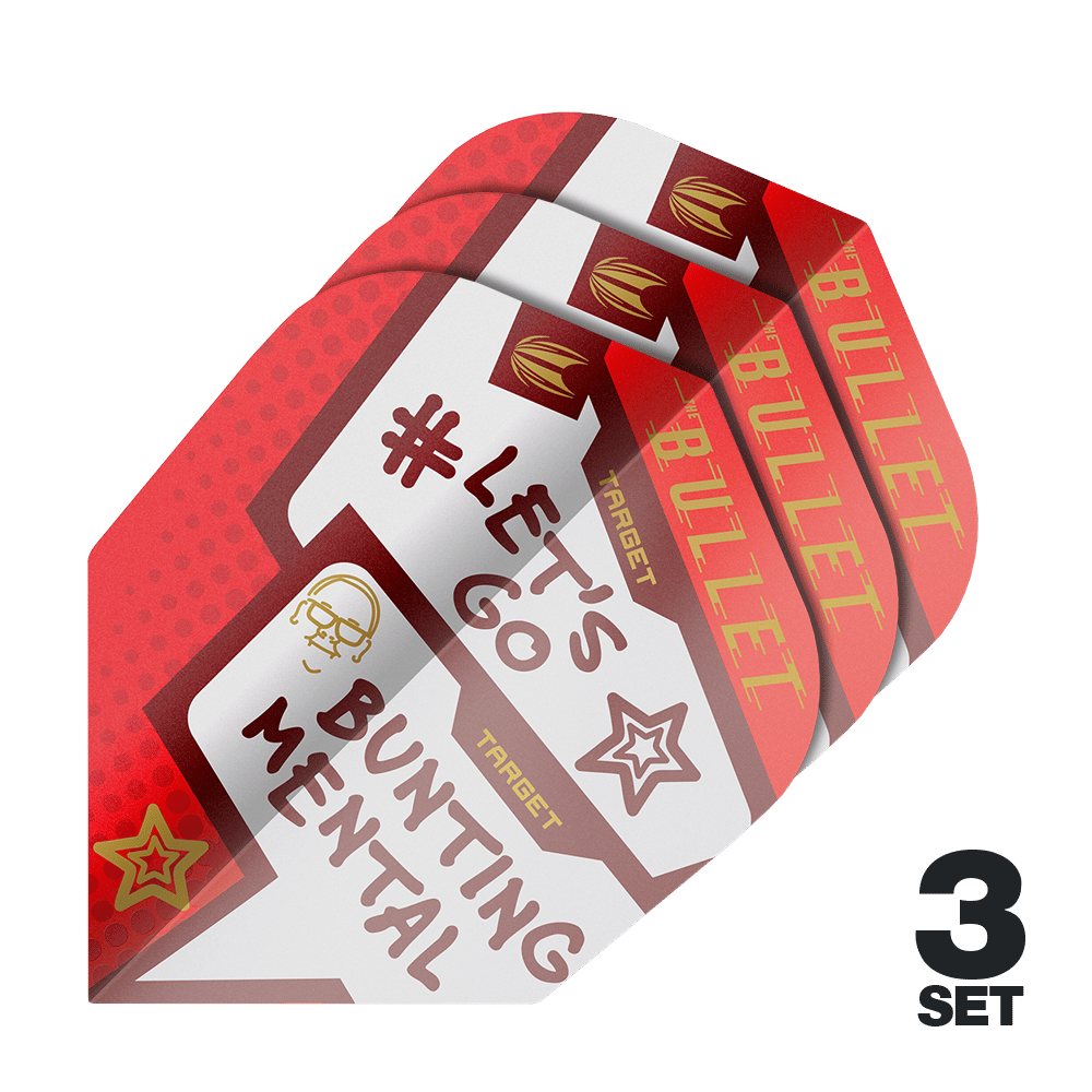 Das Bild zeigt drei Sets der Target Pro Ultra Stephen Bunting Mental No6 Flights für Dartpfeile. Die Flights sind rot und weiß gestaltet und tragen die Aufschrift "#LET'S GO BUNTING MENTAL".