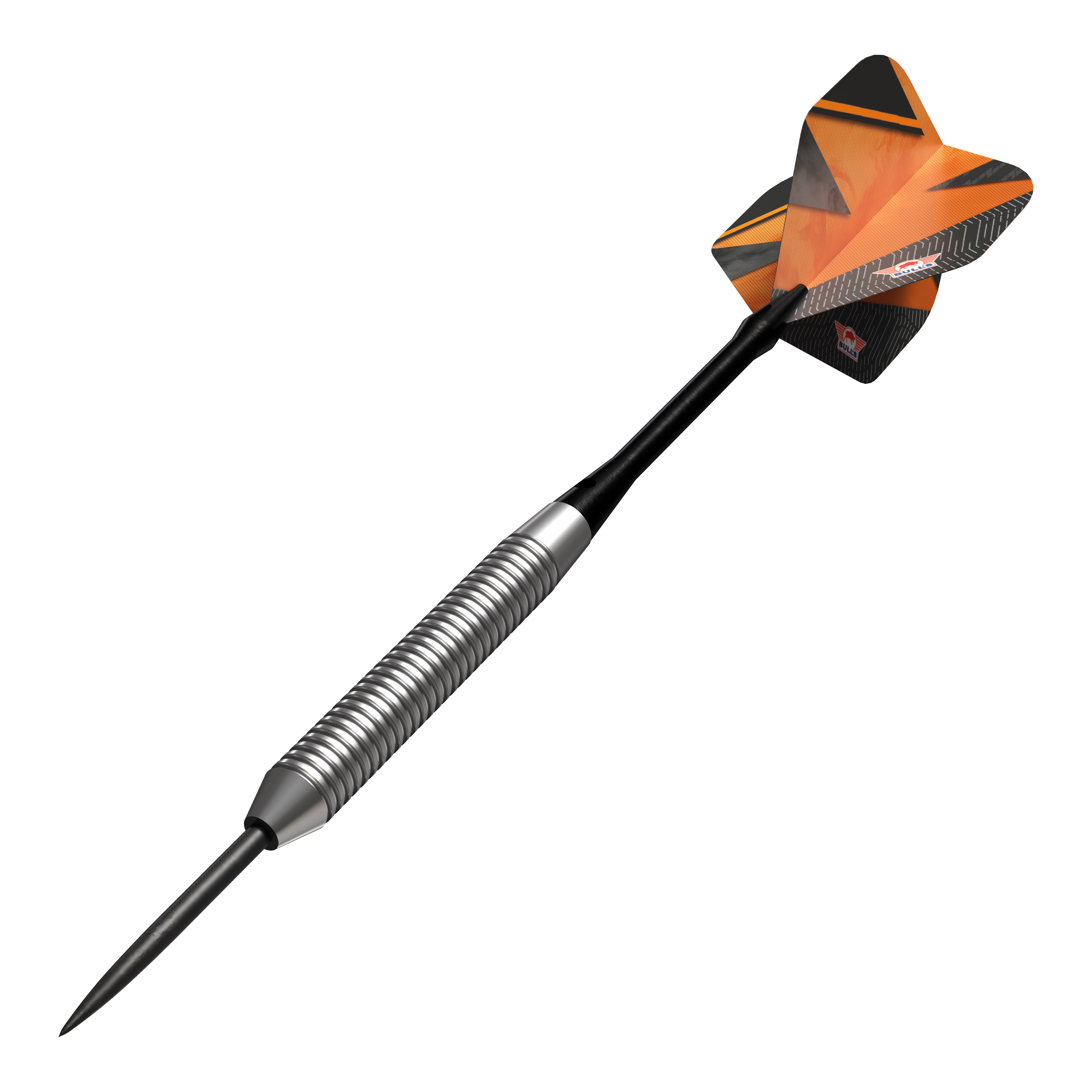 Bulls NL Lightning Orange Steeldarts Das Bild zeigt einen Bulls NL Lightning Orange Steeldart. Der Dart hat einen silbernen, gerillten Schaft und orangene Flights mit schwarzen Akzenten.