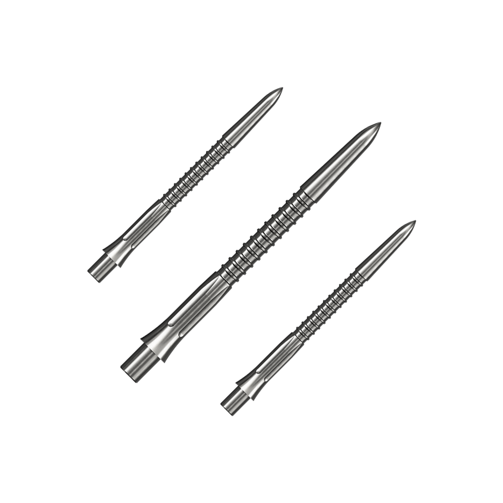 Auf dem Bild ist ein Set aus silbernen Steeldartspitzen mit 32 mm Länge abgebildet. Die Spitzen sind nebeneinander angeordnet.