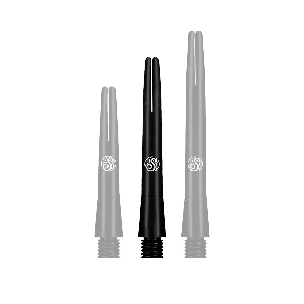 SM3809-I_Shot_Aluminium_Shafts_Black_41mm_1f0IRg7wKElYCn Das Bild zeigt drei schwarze Aluminiumschäfte für Dartpfeile in unterschiedlichen Längen. Auf jedem Schaft ist ein weißes Logo zu sehen.
