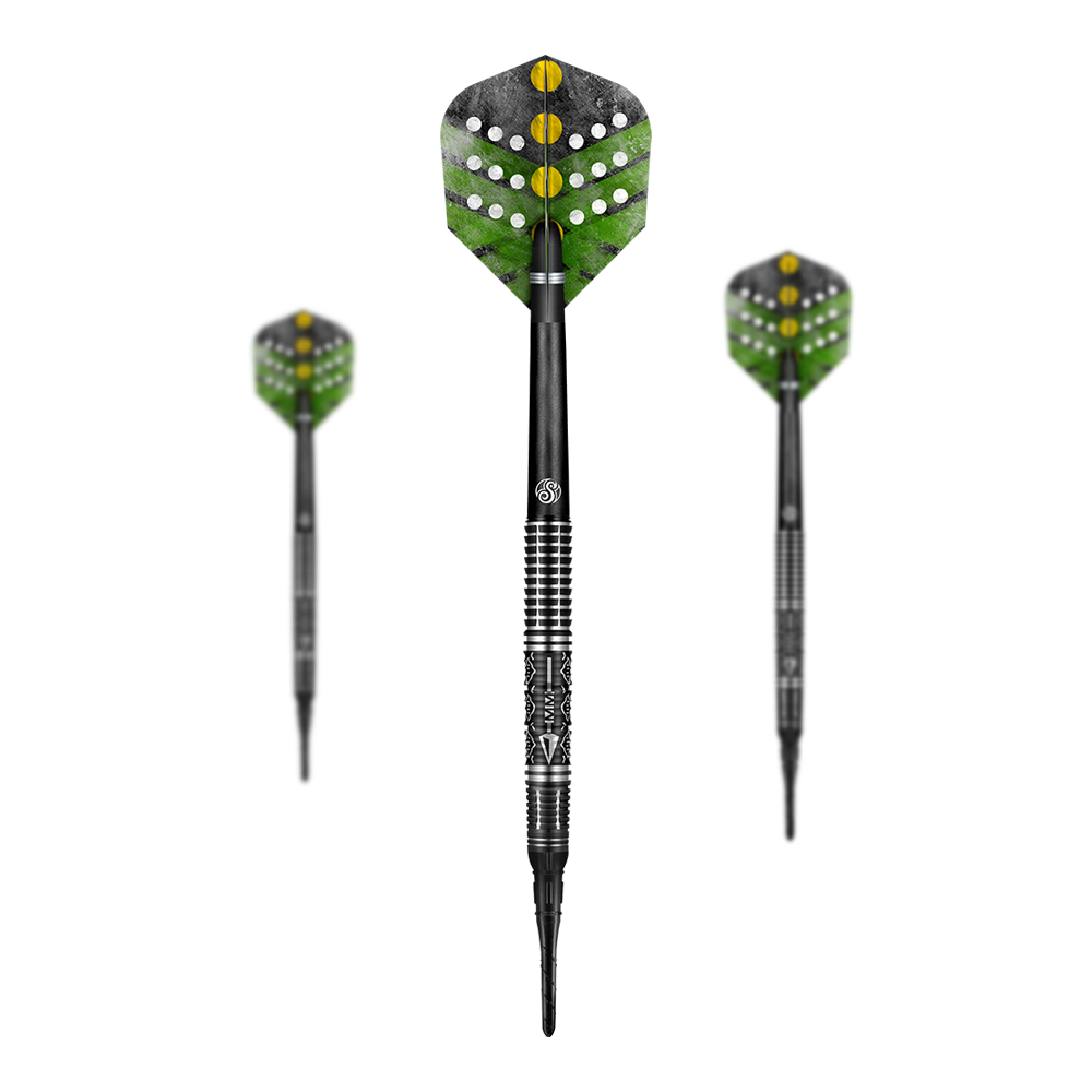 Shot Devon Petersen The Courage Softdarts Shot Devon Petersen The Courage Softdarts mit detailliertem Flight-Design. Die Darts sind beobachtbar angeordnet.