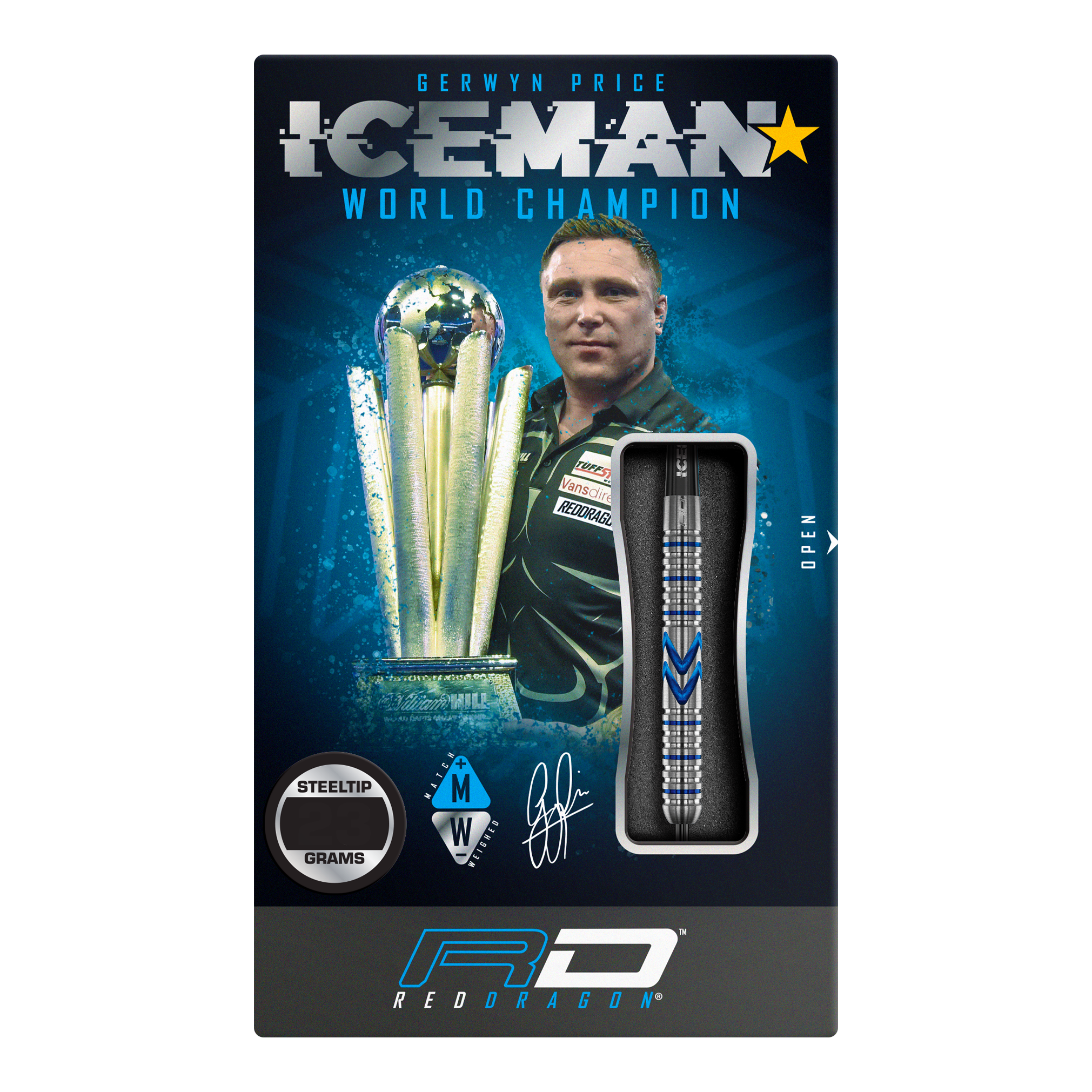 Red Dragon Gerwyn Price Iceman Midnight Edition Steeldarts Das Bild zeigt die Verpackung der "Red Dragon Gerwyn Price Iceman Midnight Edition Steeldarts". Auf der Verpackung ist ein Bild von Gerwyn Price mit einem Pokal und einem Steel-Dart abgebildet.