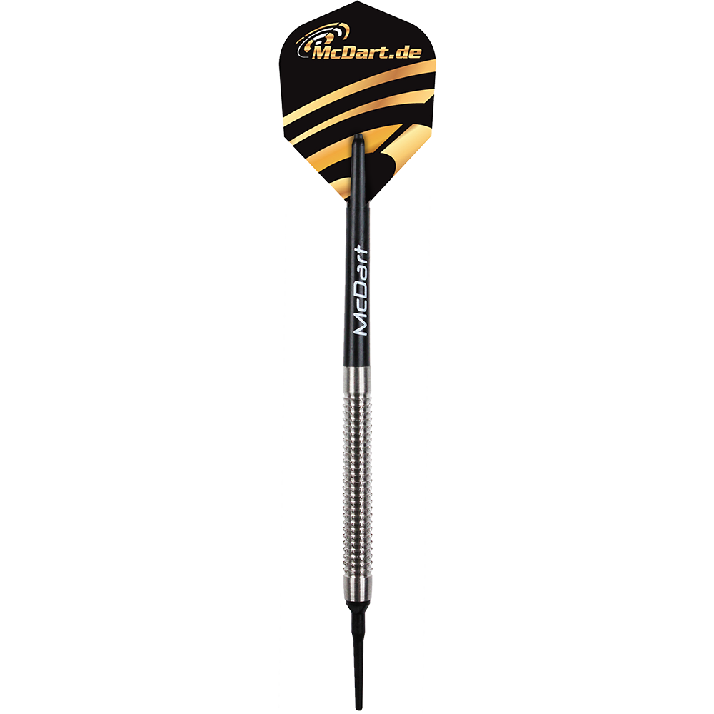 McDart Giga Grip 2 Dartset Das Bild zeigt einen Dartpfeil aus dem McDart Giga Grip 2 Dartset. Der Pfeil hat ein silbernes Griffstück, einen schwarzen Schaft und eine schwarze Flights mit gelben Streifen und dem McDart.de-Logo.