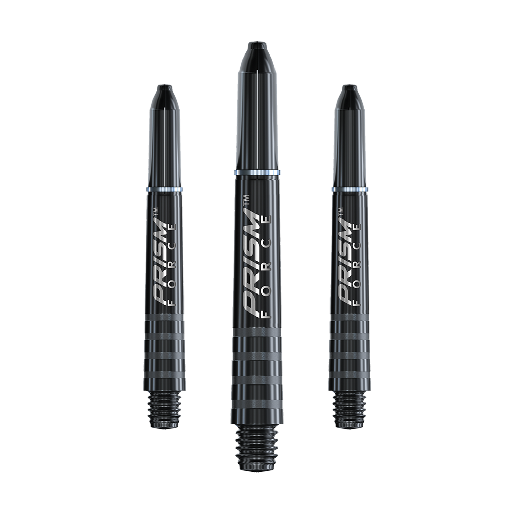 7020-101_Winmau_Prism_Force_Shafts_Schwarz_35mm_1 Auf dem Bild sind drei schwarze Dart-Schäfte mit der Aufschrift „PRISM FORCE“ zu sehen. Sie stehen aufrecht nebeneinander vor weißem Hintergrund.