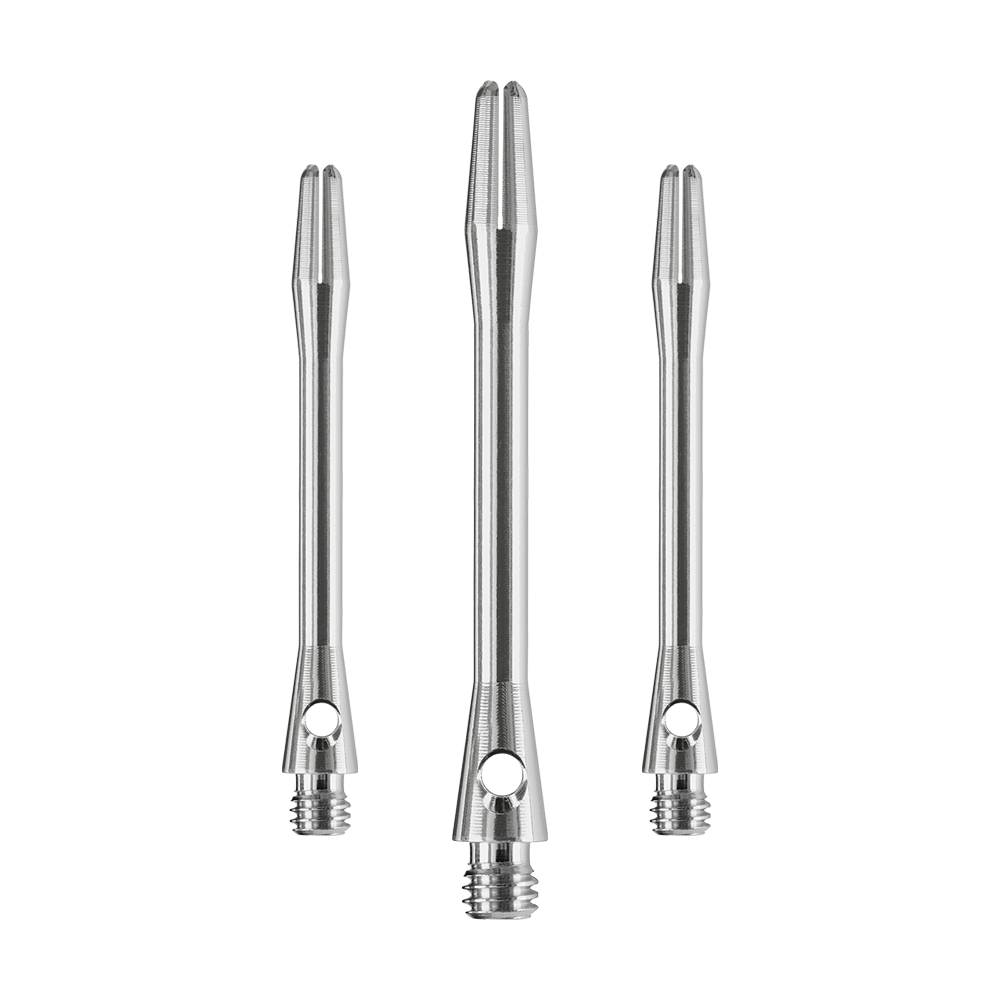 Das Bild zeigt drei glänzende Harrows Keramic Shafts in der Farbe Gun Metal. Sie sind in unterschiedlicher Länge angeordnet und haben ein modernes, metallisches Design.