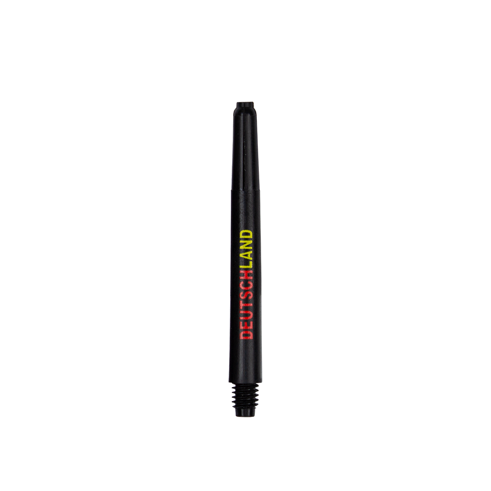792_Nylon_Shafts_Deutschland_48mm_1sI0je99RdJHHb Das Bild zeigt einen schwarzen Nylon-Schaft mit der Aufschrift "DEUTSCHLAND" in den Farben der deutschen Flagge. Das Produkt ist für den Einsatz bei Dartpfeilen gedacht.