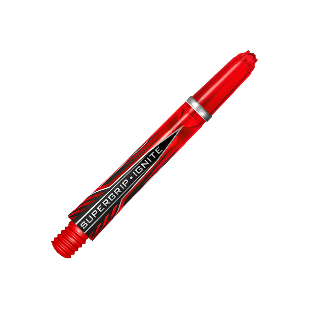 HR384_Harrows_Supergrip_Ignite_Shafts_Rot_40mm_2 Das Bild zeigt einen roten Harrows Supergrip Ignite Shaft. Im Hintergrund sind rote und schwarze Streifen zu sehen, die den Shaft hervorheben.