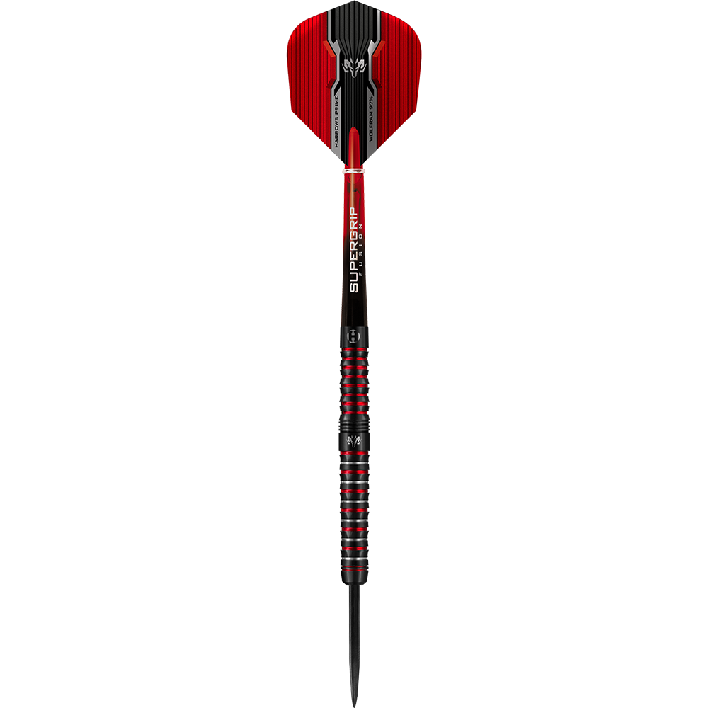 HA16990-Harrows-Wolfram-Infinity-97-Tungsten-Steeldarts-17sSHMEMOa9yP1 Das Bild zeigt einen Harrows Wolfram Infinity 97% Tungsten Steeldart. Der Dart ist schwarz mit roten Akzenten und hat ein modernes, sportliches Design.