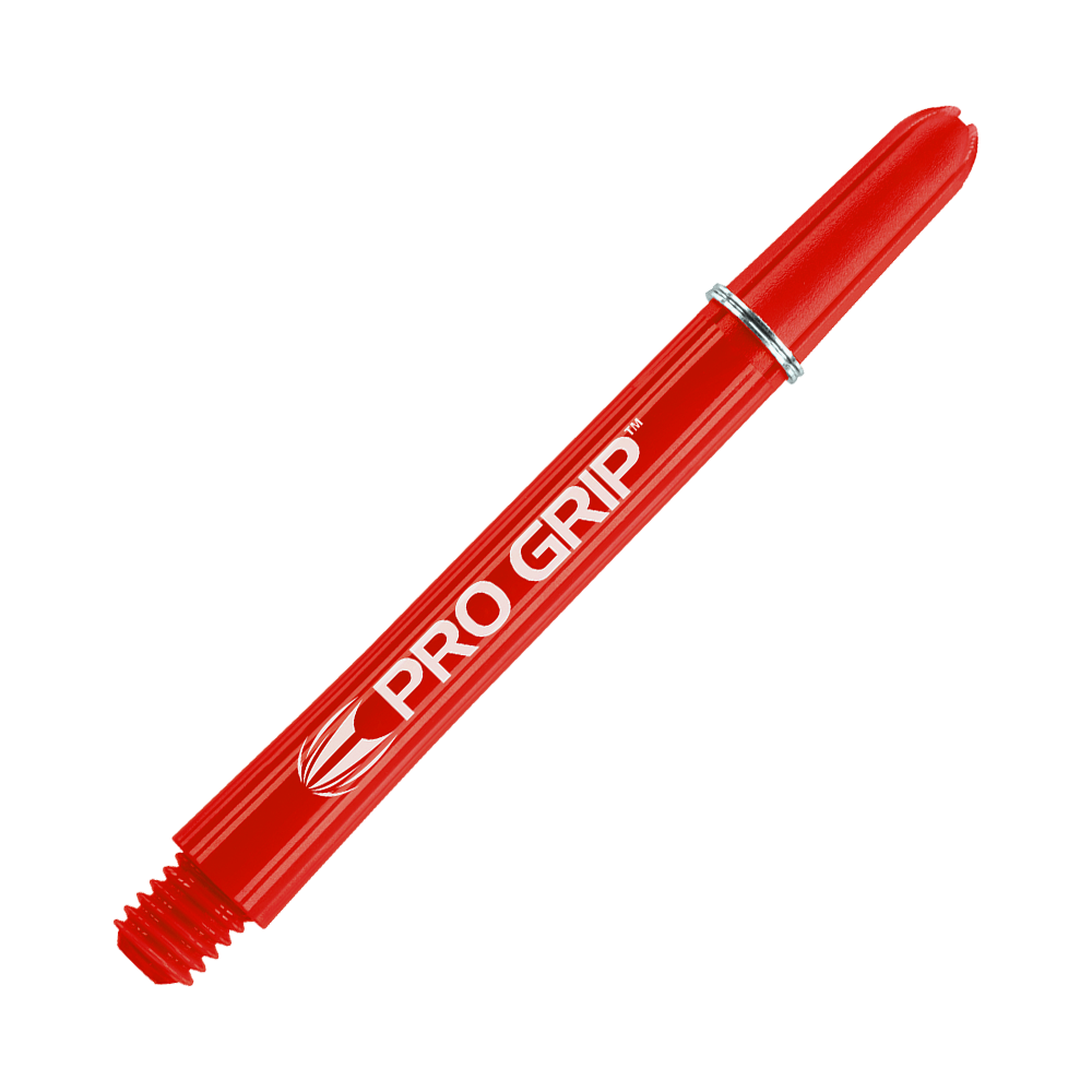 Das Bild zeigt einen roten Dartshafts mit der Aufschrift "PRO GRIP". Der Schaft hat eine glatte Oberfläche und einen silbernen Ring in der Mitte.