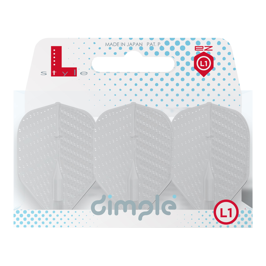 Auf dem Bild sind drei transparente Dart-Flights der Marke L-Style in einer Verpackung zu sehen. Auf der Verpackung steht das Wort "dimple" und es gibt blaue Punkte als Designelement.