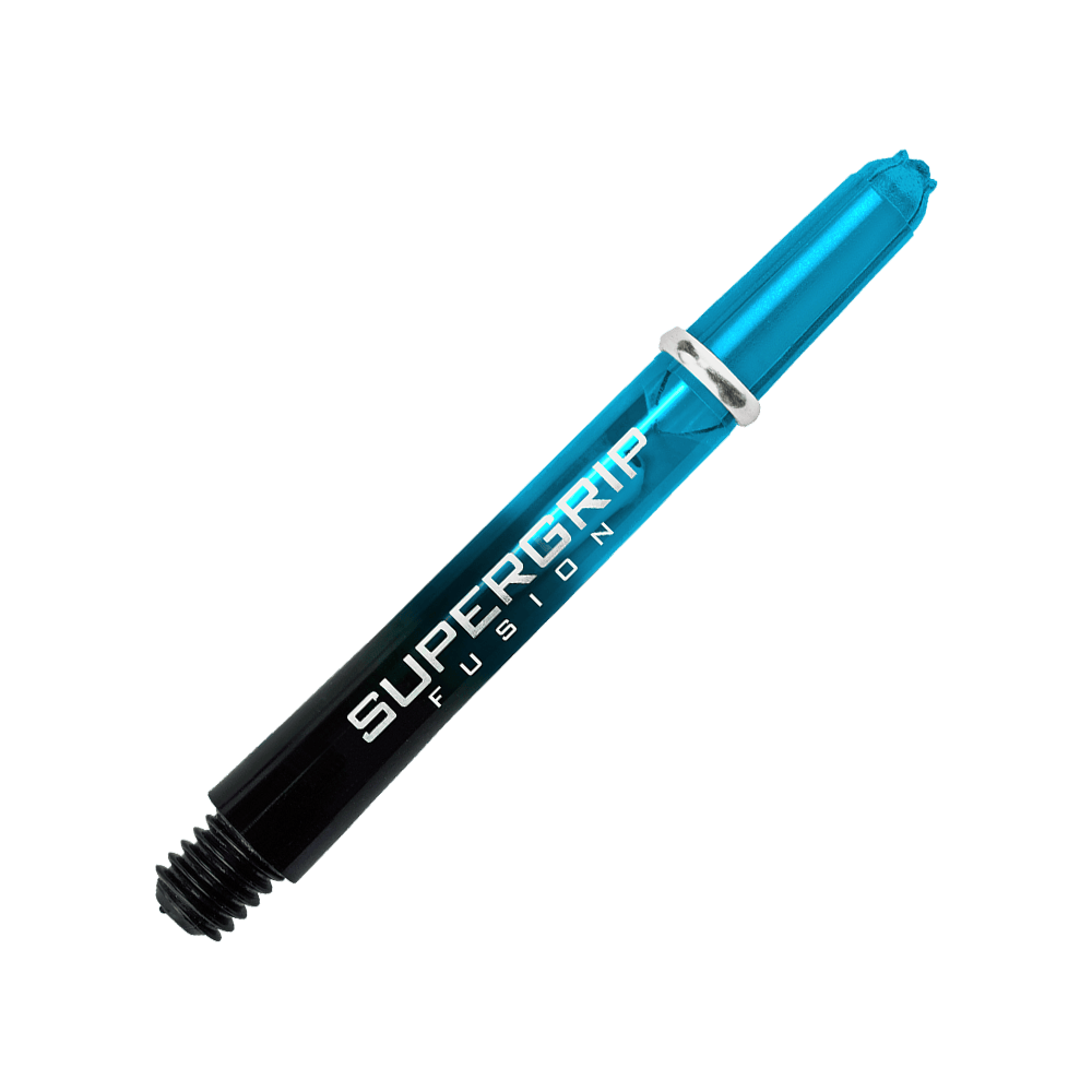 HR346_Harrows_Supergrip_Fusion_Shafts_Aqua_40mm_2GXPyMMlODIm1u Das Bild zeigt einen Harrows Supergrip Fusion Shafts in der Farbe Aqua. Der Hintergrund besteht aus verschiedenen blauen und grauen Streifen, die farblich zum Produkt passen.