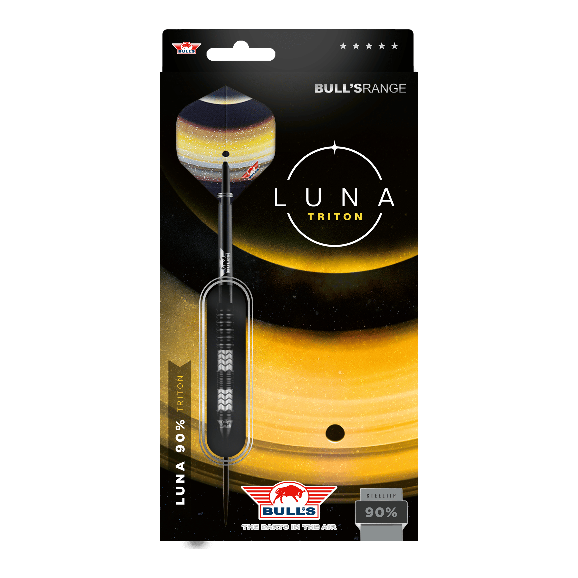 Bulls NL Luna Triton Steeldarts Das Bild zeigt die Verpackung der "Bulls NL Luna Triton Steeldarts". Die Verpackung ist schwarz-gelb gestaltet und hebt den Dartpfeil sowie den Schriftzug "Luna Triton" hervor.