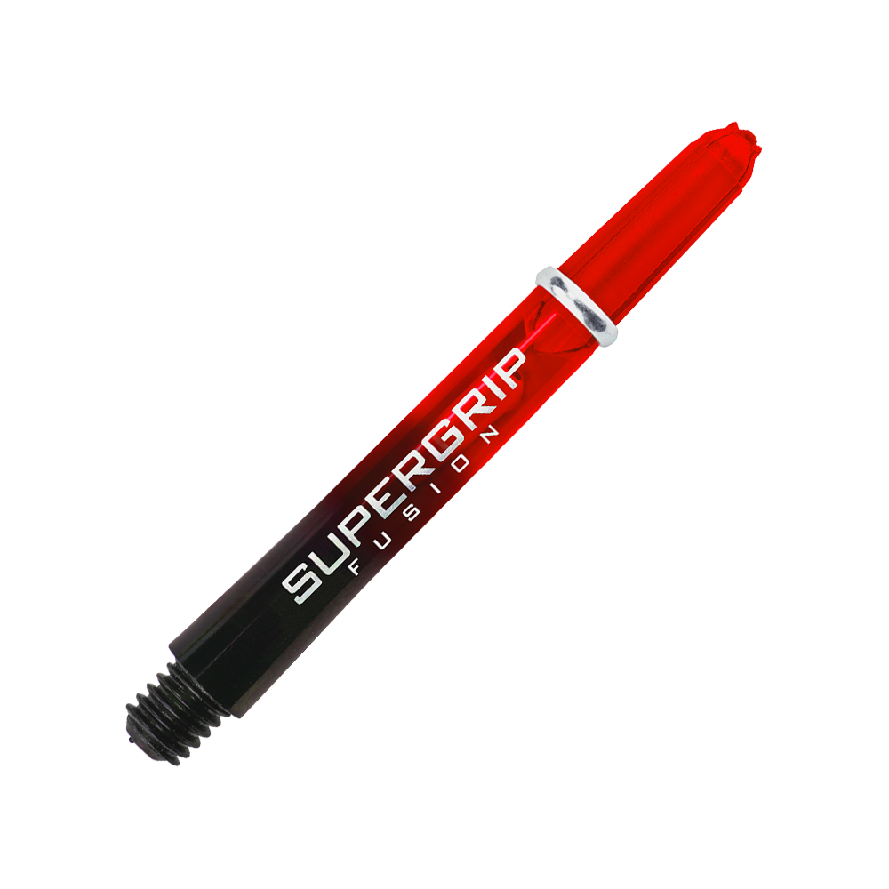 HR343_Harrows_Supergrip_Fusion_Shafts_Rot_40mm_2XFk51sbI9cjN5 Das Bild zeigt einen Harrows Supergrip Fusion Shaft in Rot. Der Schriftzug "SUPERGRIP FUSION" ist deutlich auf dem Produkt zu sehen.