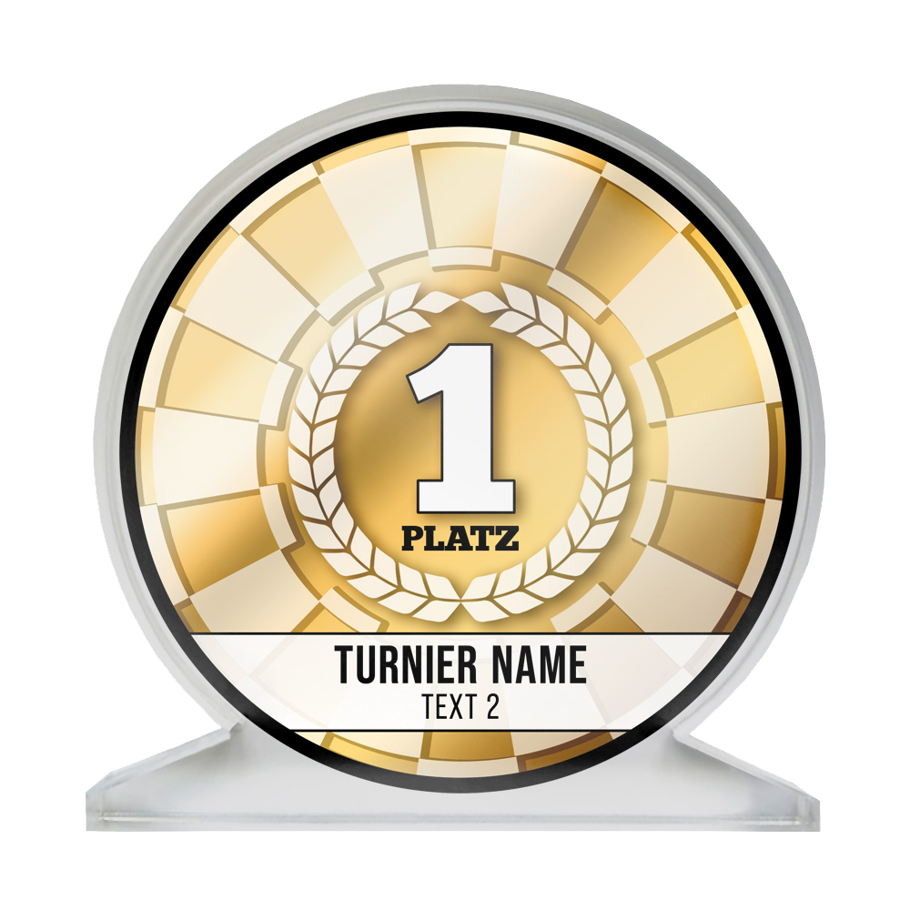 Dies ist ein goldener Pokal mit der Aufschrift "1 Platz" in der Mitte. Unten steht "TURNIER NAME" und "TEXT 2".