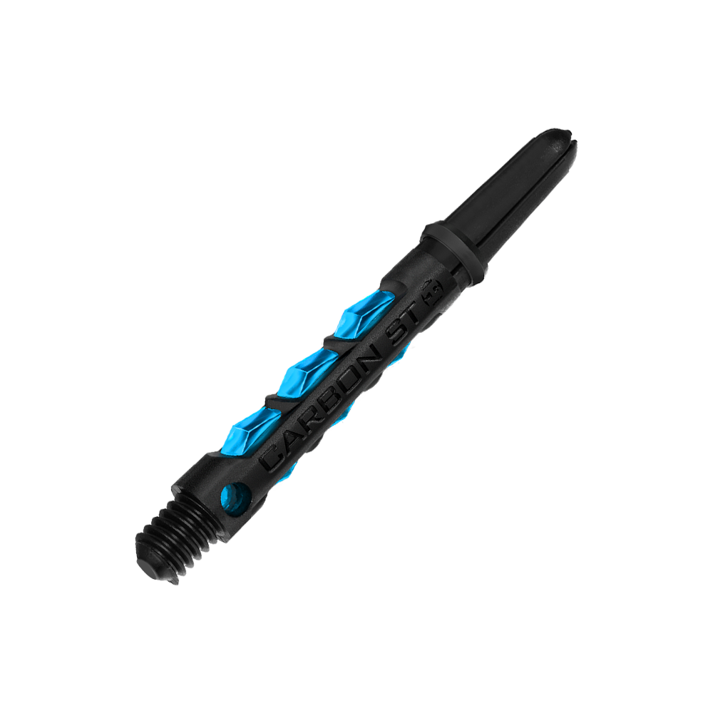 HR411_Harrows_Carbon_ST_Shafts_Aqua_40mm_2 Das Bild zeigt einen Harrows Carbon ST Shaft in der Farbe Aqua. Der Schaft ist schwarz mit blauen Akzenten und dem Schriftzug "CARBON ST".