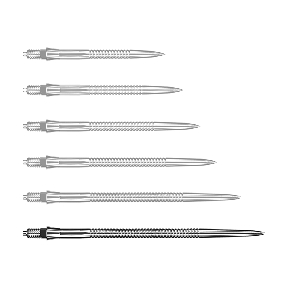 Abgebildet ist eine EVO252 Caliburn EZ-EVO Dartspitze mit Rillen in Silber und einer Länge von 50 mm. Die Dartspitze eignet sich ideal für präzises Dartspiel.