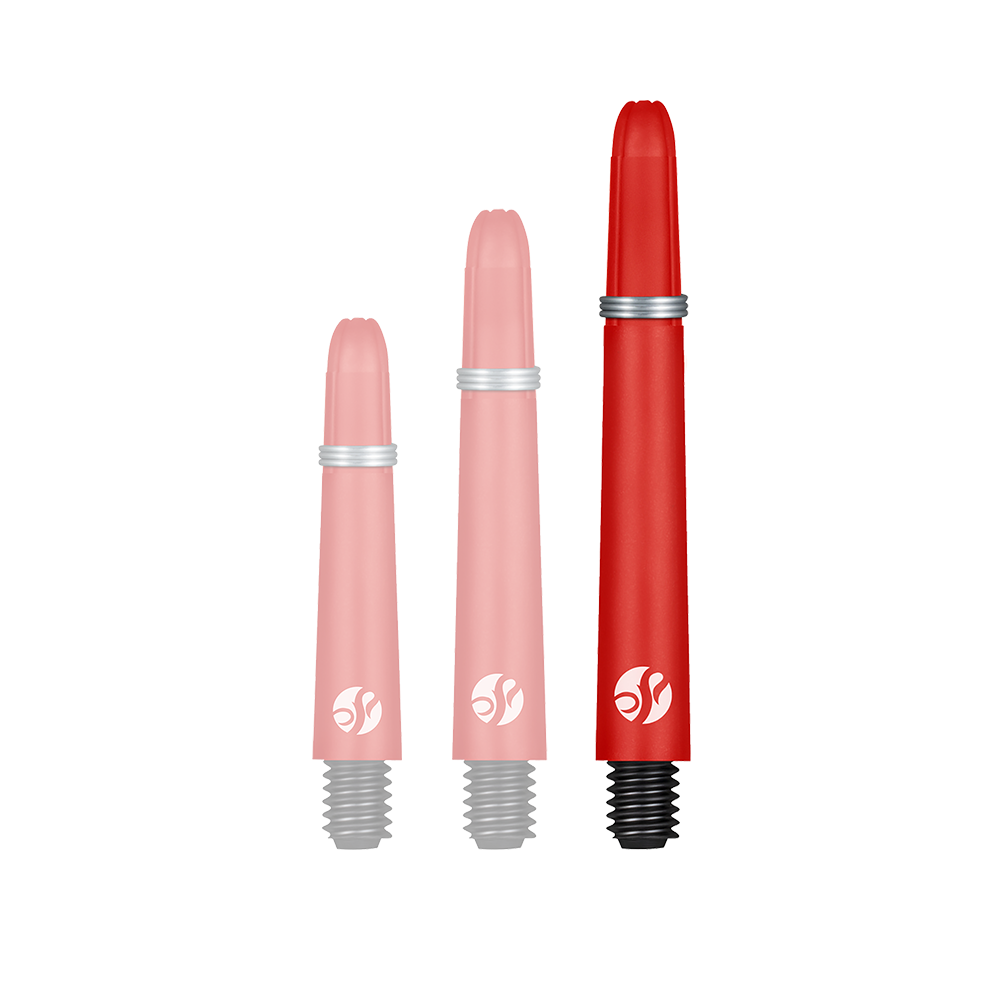 Shot Koi Carbon Shafts - Rot Auf dem Bild sind drei rote Dartschäfte in verschiedenen Längen zu sehen. Sie haben schwarze Gewinde und einen silbernen Ring in der Mitte.