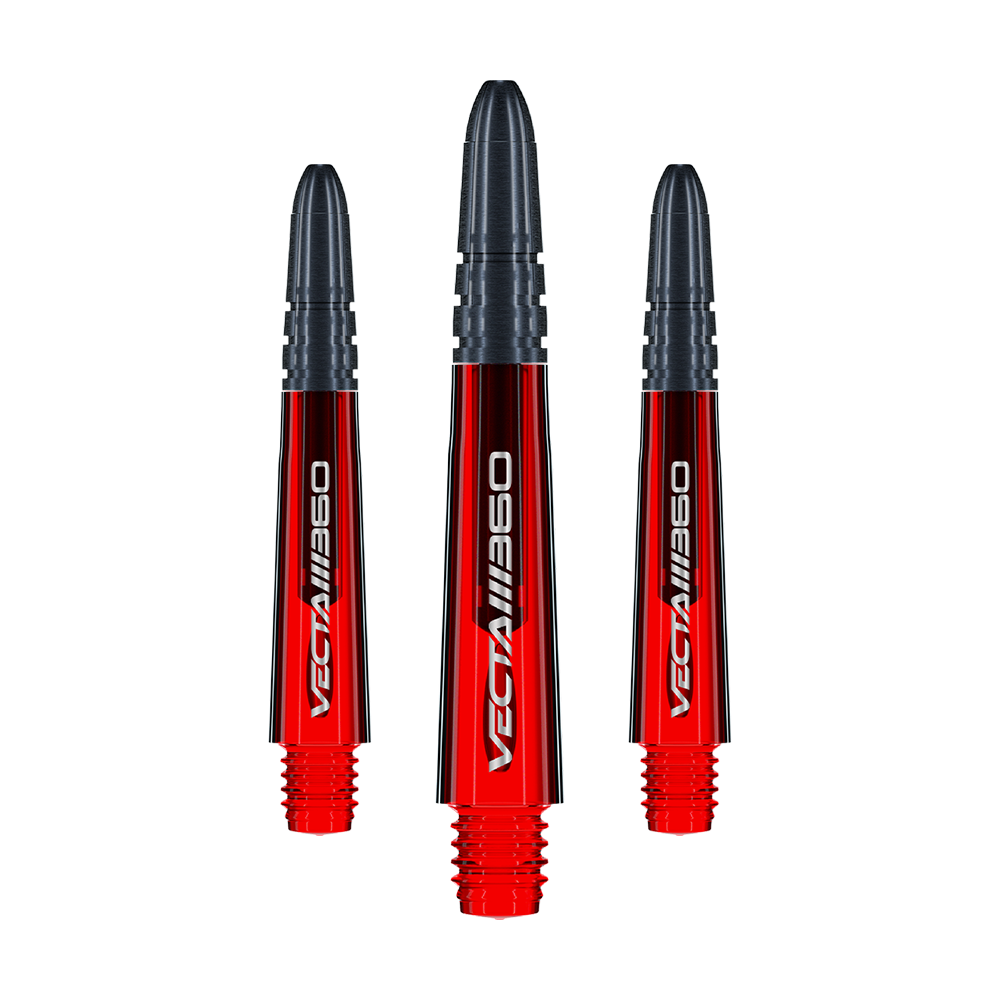 Auf dem Bild sieht man ein Set von Winmau Vecta Blade360 Shafts in Rot, 34mm lang. Sie sind Zubehörteile für Dartpfeile.