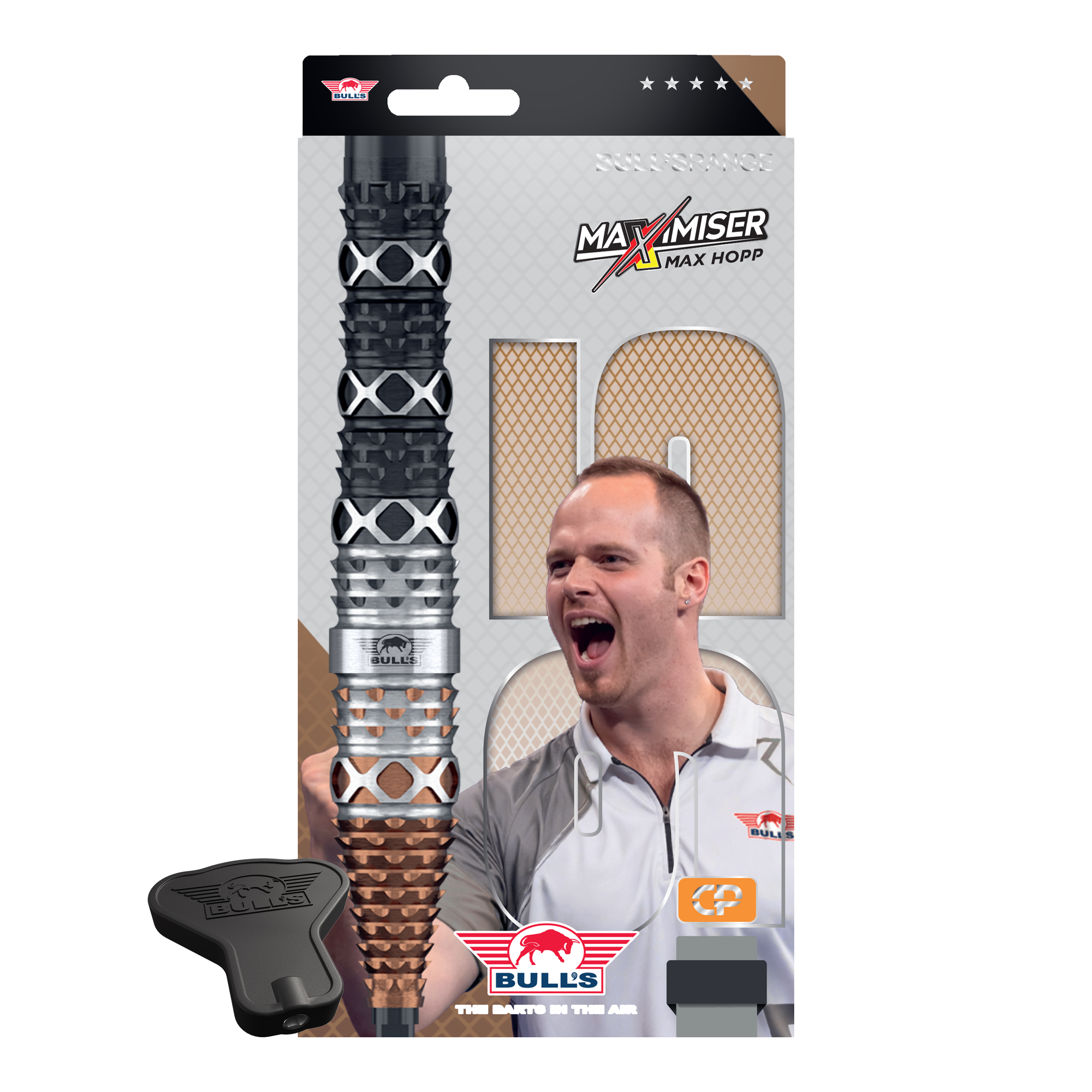 Abbildung der Bulls NL Max Hopp 95% Convertible Points Steeldarts. Die Darts sind detailreich gezeigt und richten sich an Dart-Enthusiasten.