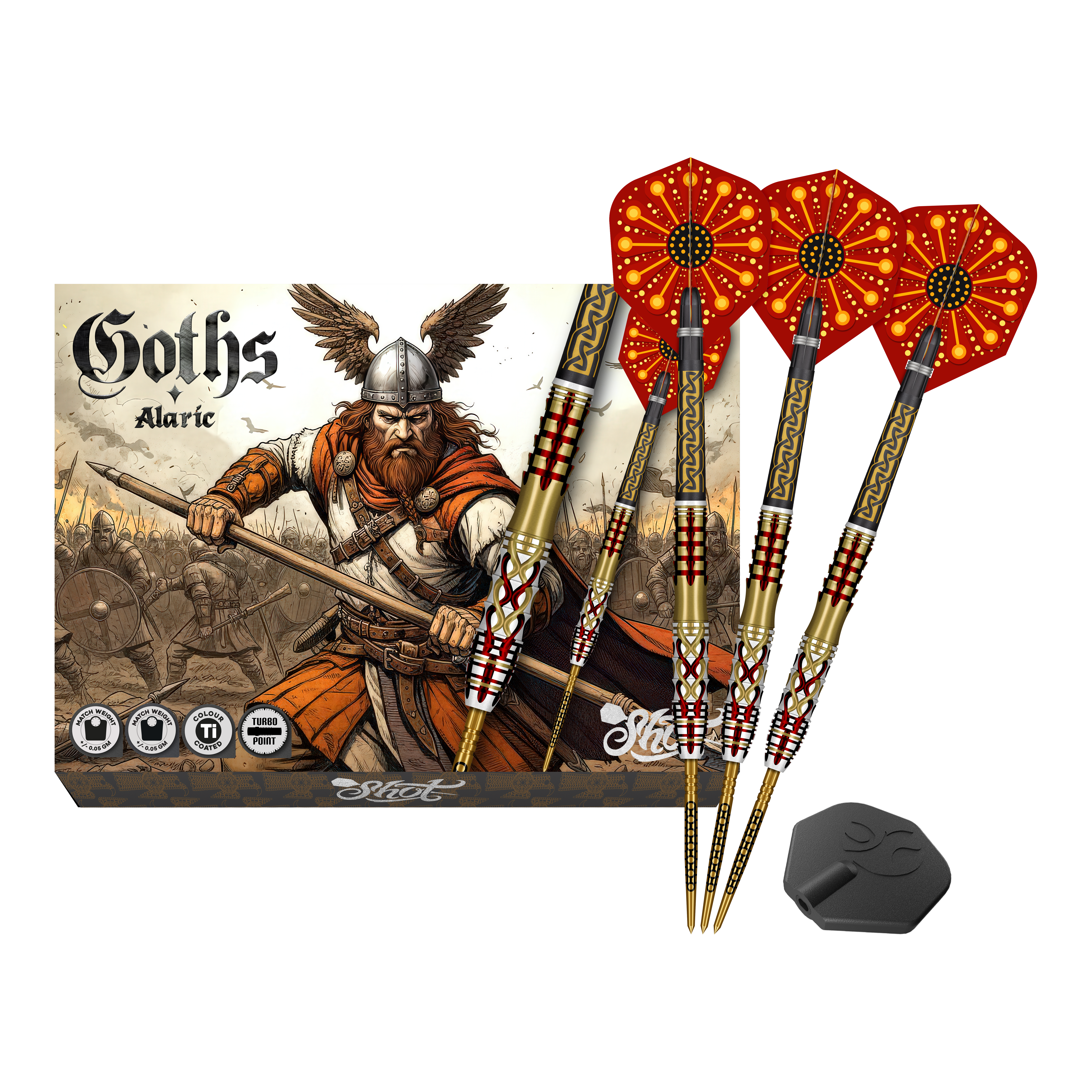 Shot Goths Alaric Turbo Point Steeldarts - 23g Abgebildet sind die Shot Goths Alaric Turbo Point Steeldarts - 23g. Die Darts eignen sich besonders für Steeldartspieler.