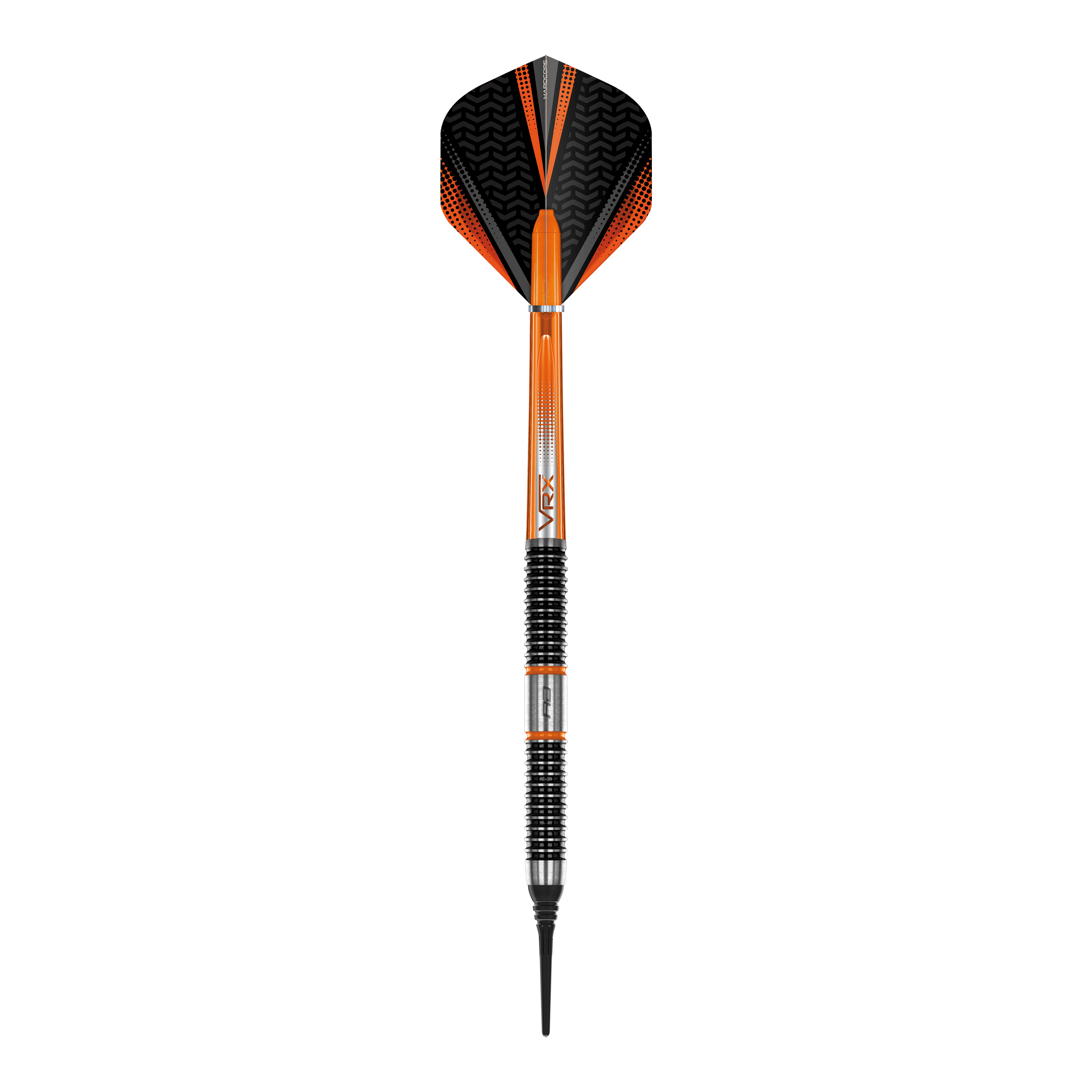 Red Dragon Amberjack 18 Softdarts - 20g Das Bild zeigt einen Softdart aus der Serie "Red Dragon Amberjack 18" mit einem Gewicht von 20 Gramm. Der Dart ist überwiegend schwarz und orange gefärbt und verfügt über einen geriffelten Griffbereich.