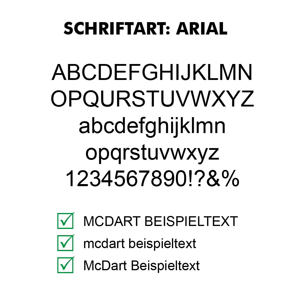 Flightdruck-Schriftart-ArialVAxAbbSrsONKb Das Bild zeigt einen Text mit einer Überschrift und mehreren Absätzen in schwarz auf weißem Hintergrund. Unten befinden sich drei grüne Häkchen neben kurzen Texten.