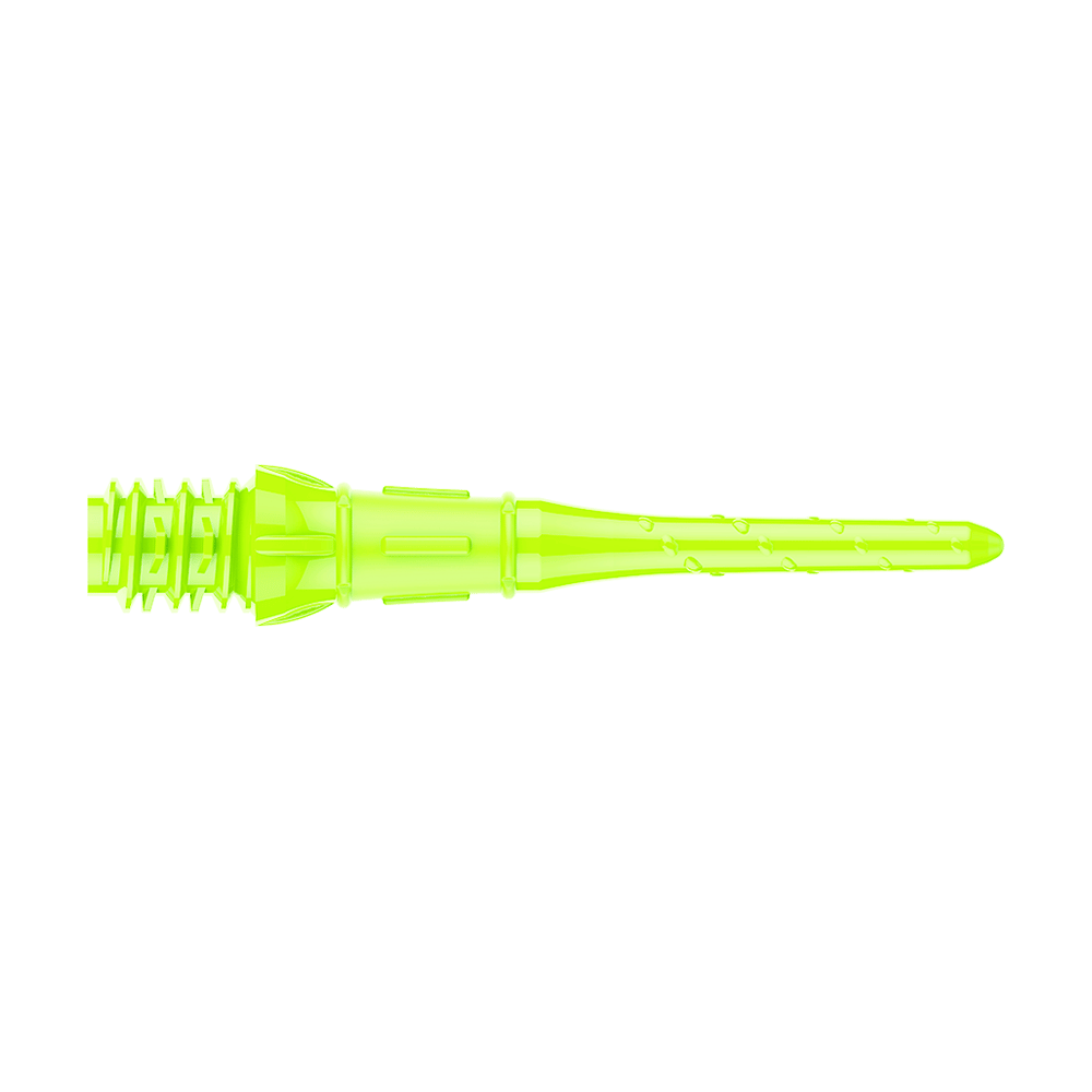 Das Bild zeigt eine neon-gelbe Dartspitze. Sie ist schmal, lang und hat ein geripptes Ende für den festen Halt im Dartbarrel.
