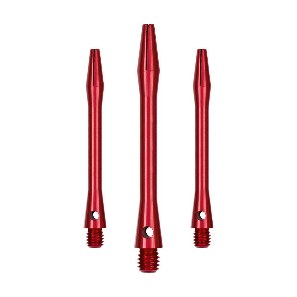 Auf dem Bild sind drei rote Aluminiumschäfte zu sehen. Sie haben ein schlankes Design mit Gewinde am unteren Ende.