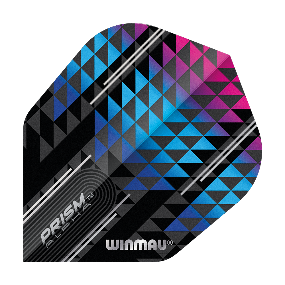 Winmau Prism Alpha Blau Pink No6 Flights Das Bild zeigt das Produkt "Winmau Prism Alpha Blau Pink No6 Flights". Es ist ein Dartflight mit einem modernen, geometrischen Muster in Blau, Pink und Schwarz.
