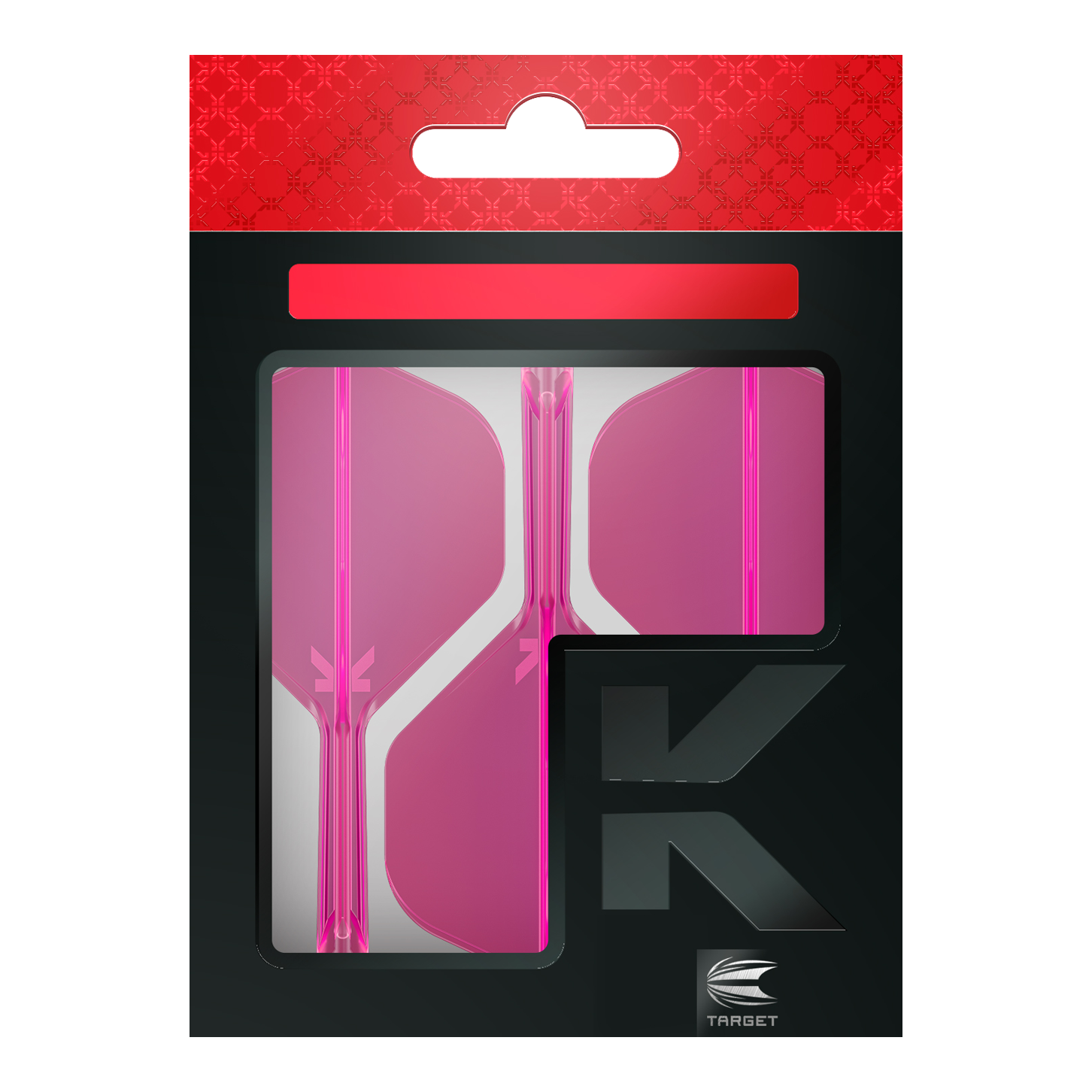 Die Abbildung zeigt eine Packung mit Dartflights in Neonpink. Die Verpackung ist schwarz mit einem roten oberen Teil und zeigt das Logo von Target.