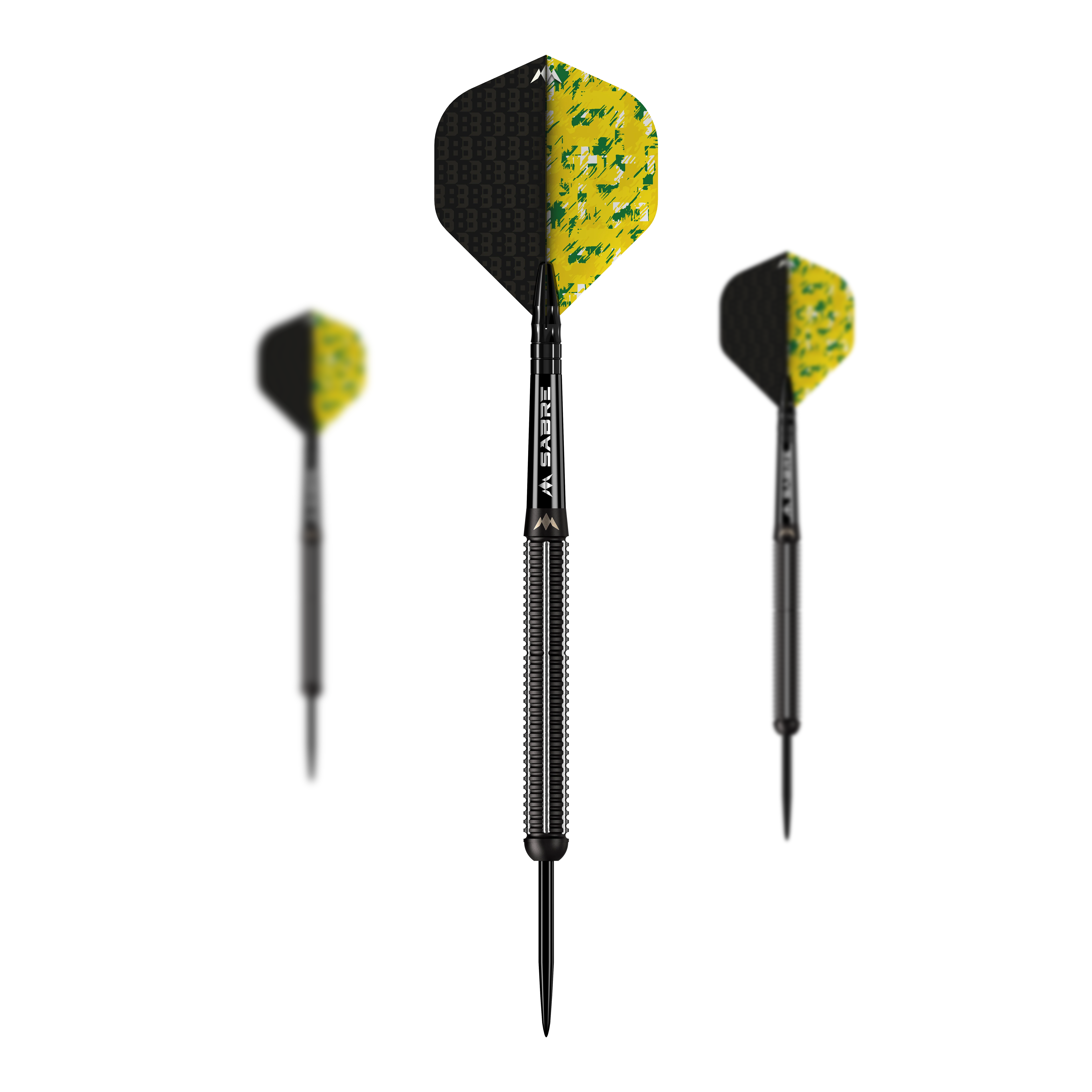 Mission Thomas Banks Black PVD Steeldarts - 24g Das Bild zeigt drei Steeldarts des Modells "Mission Thomas Banks Black PVD" mit einem Gewicht von 24g. Die Flights sind gelb und schwarz gemustert und die Barrels haben eine schwarze Beschichtung.
