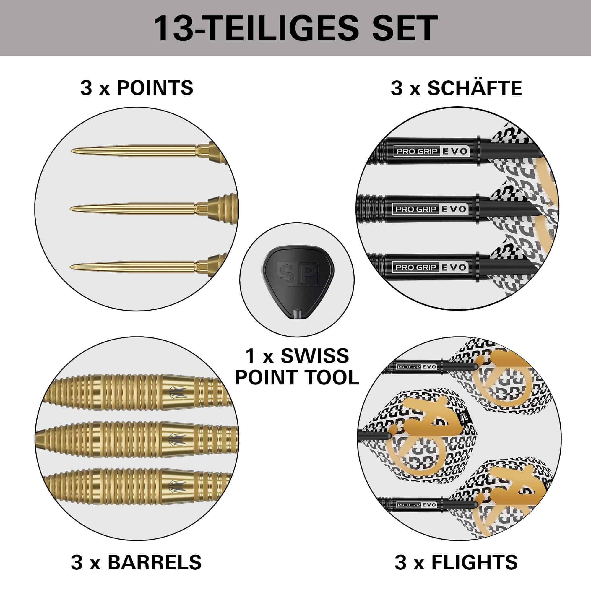Target Bolide Envy 05 Swiss Point Steeldarts Das Bild zeigt die Target Bolide Envy 05 Swiss Point Steeldarts. Die Darts liegen deutlich sichtbar auf einem dunklen Hintergrund.