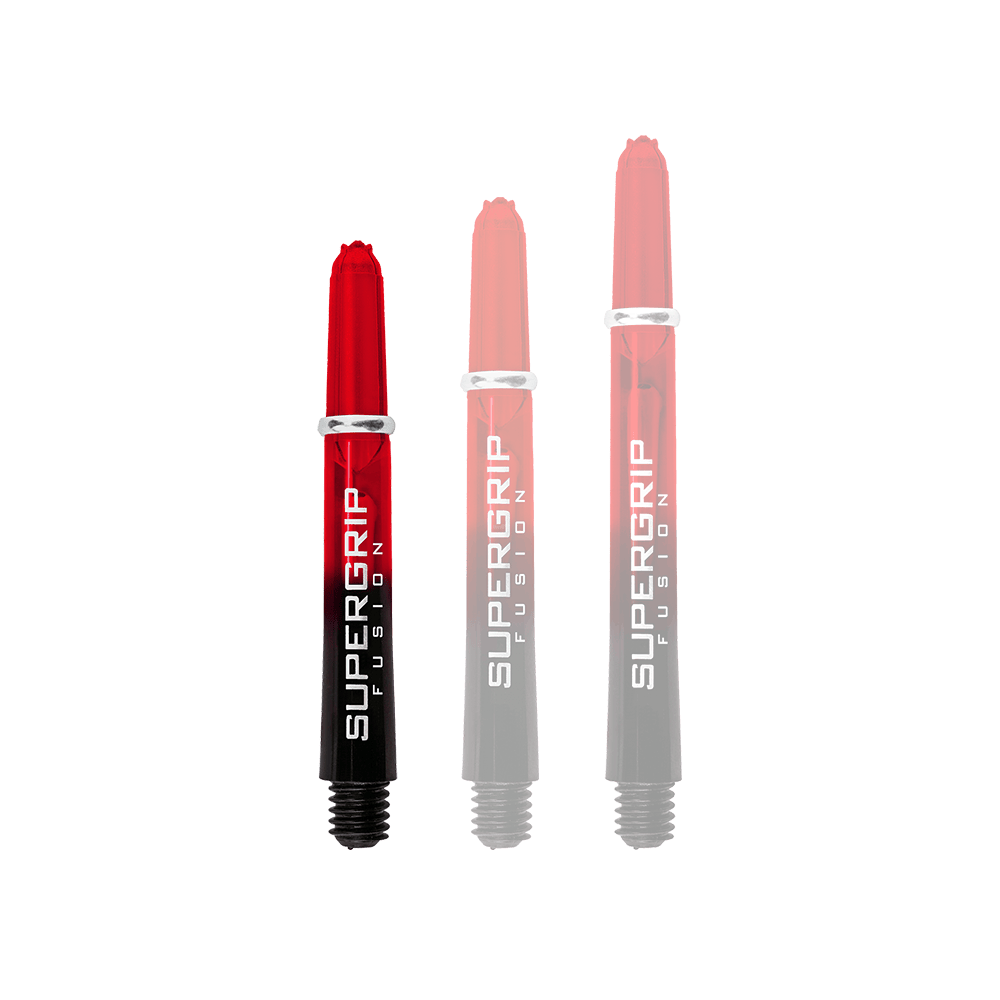 Das Bild zeigt drei Harrows Supergrip Fusion Shafts in der Farbe Rot. Die Shafts haben einen Farbverlauf von Rot zu Schwarz und den Schriftzug "SUPERGRIP FUSION" aufgedruckt.