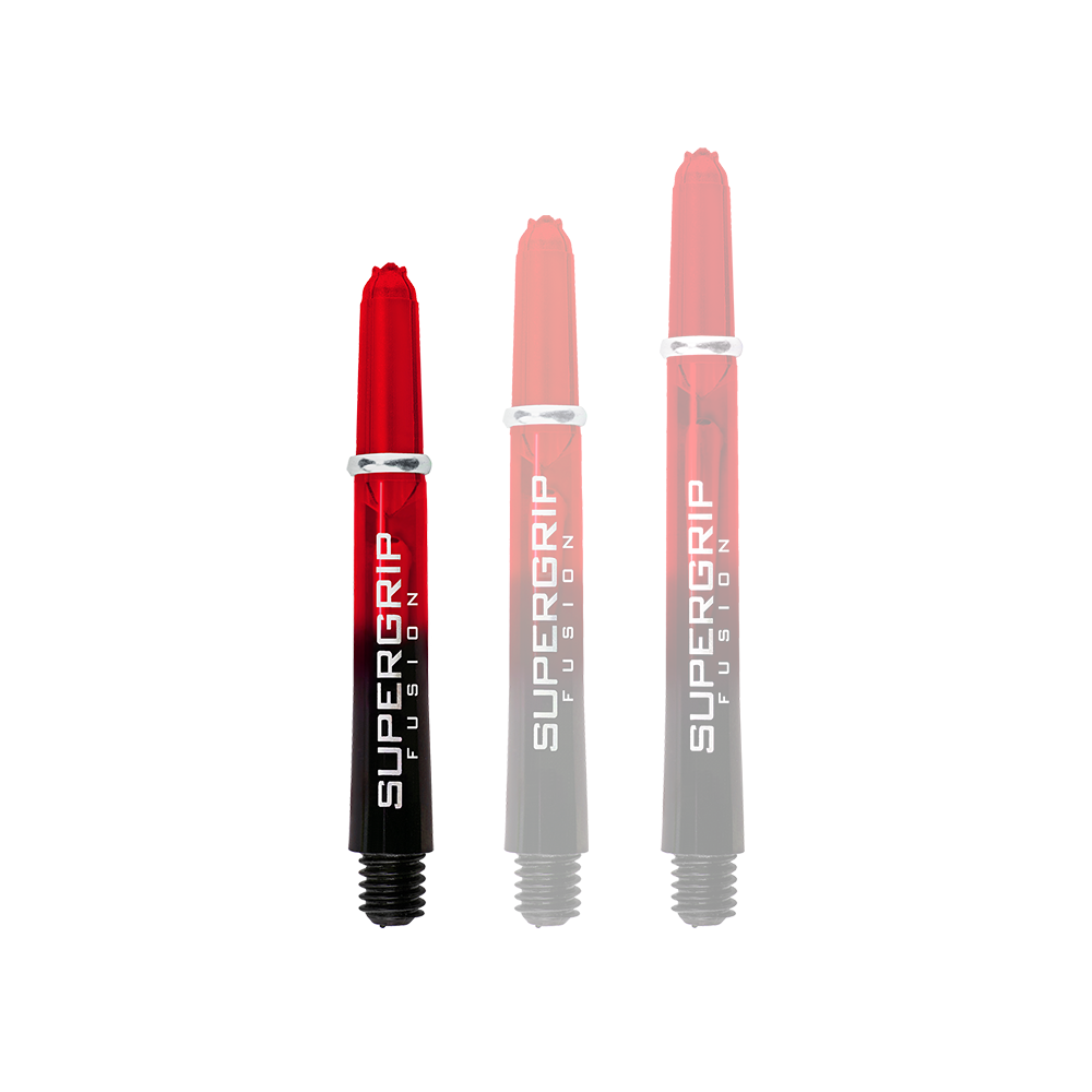 HR342_Harrows_Supergrip_Fusion_Shafts_Rot_33mm_1EkJZwq8hXz0eF Das Bild zeigt drei Harrows Supergrip Fusion Shafts in der Farbe Rot. Die Shafts haben einen Farbverlauf von Rot zu Schwarz und den Schriftzug "SUPERGRIP FUSION" aufgedruckt.