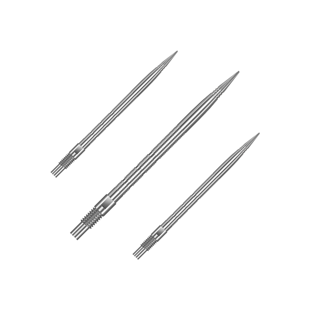 Harrows Quick Point Micro Ridge Dartspitzen - Silber Das Foto zeigt ein Set silberner Harrows Quick Point MicroRidge Dartspitzen, 35 mm lang. Mehrere Dartspitzen wurden zusammen gruppiert dargestellt.