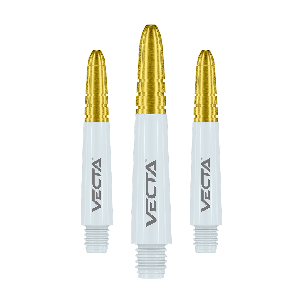 Das Bild zeigt drei Dartschäfte in Weiß und Gold. Auf den Schäften steht das Wort "VECTA" geschrieben.