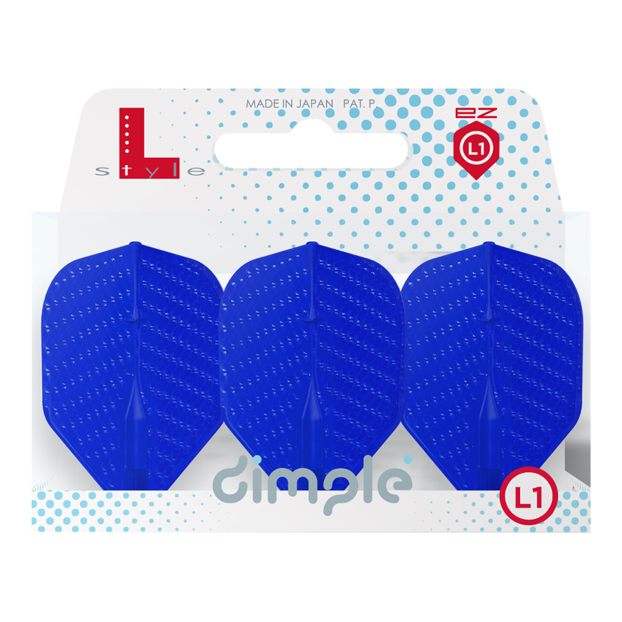 Auf dem Bild sind drei blaue Dart-Flights in einer Verpackung zu sehen. Die Verpackung trägt die Aufschrift "dimple" und das Logo "L-style".