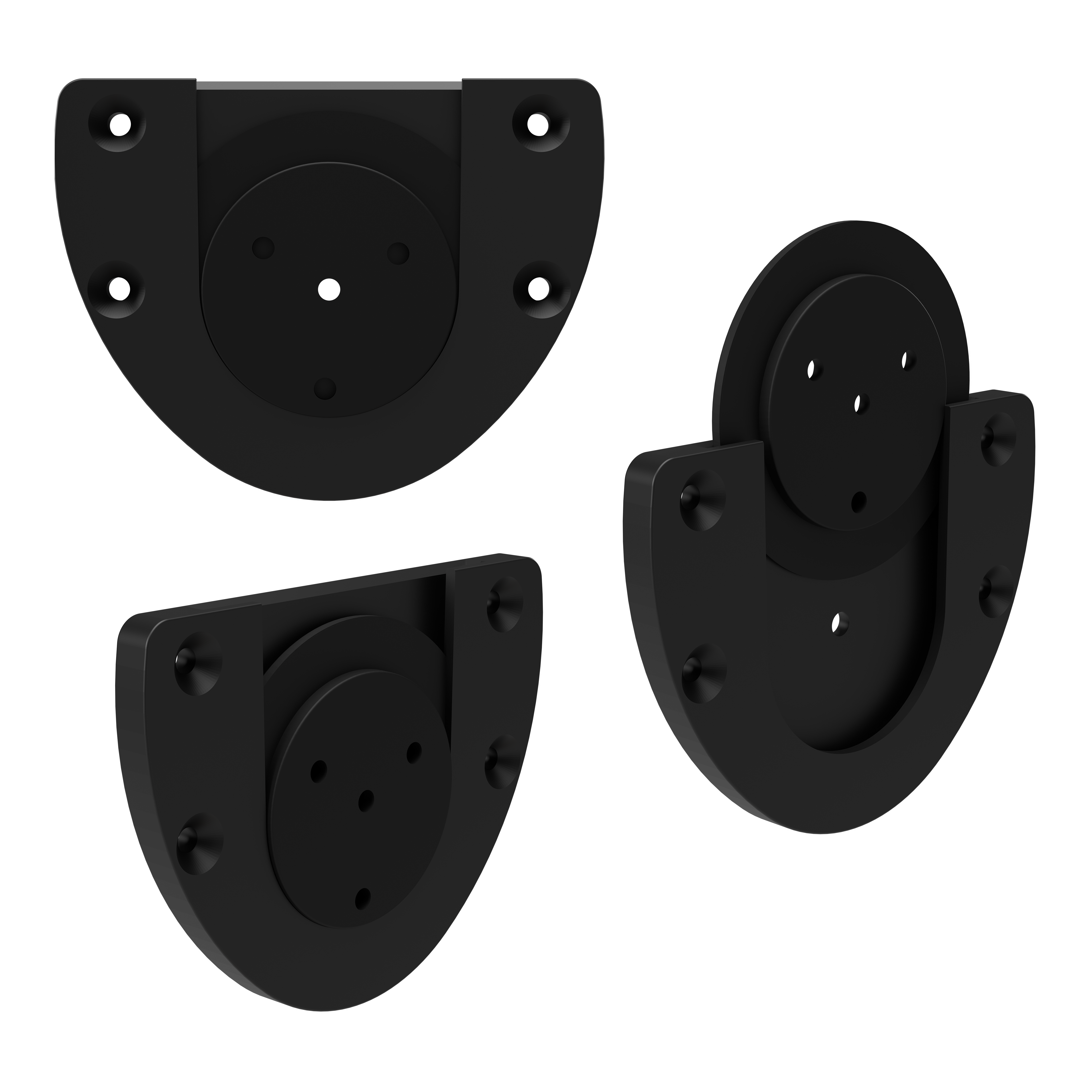 Bulls NL Dartboard Silencer Das Bild zeigt drei schwarze, halbkreisförmige Kunststoffteile mit Schraublöchern, die als Bulls NL Dartboard Silencer dienen. Sie werden verwendet, um das Geräusch beim Auftreffen der Darts auf das Board zu dämpfen.